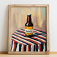Trappist – on Striped Tablecloth, Belgian Beer Still Life, no-text version framed in wood