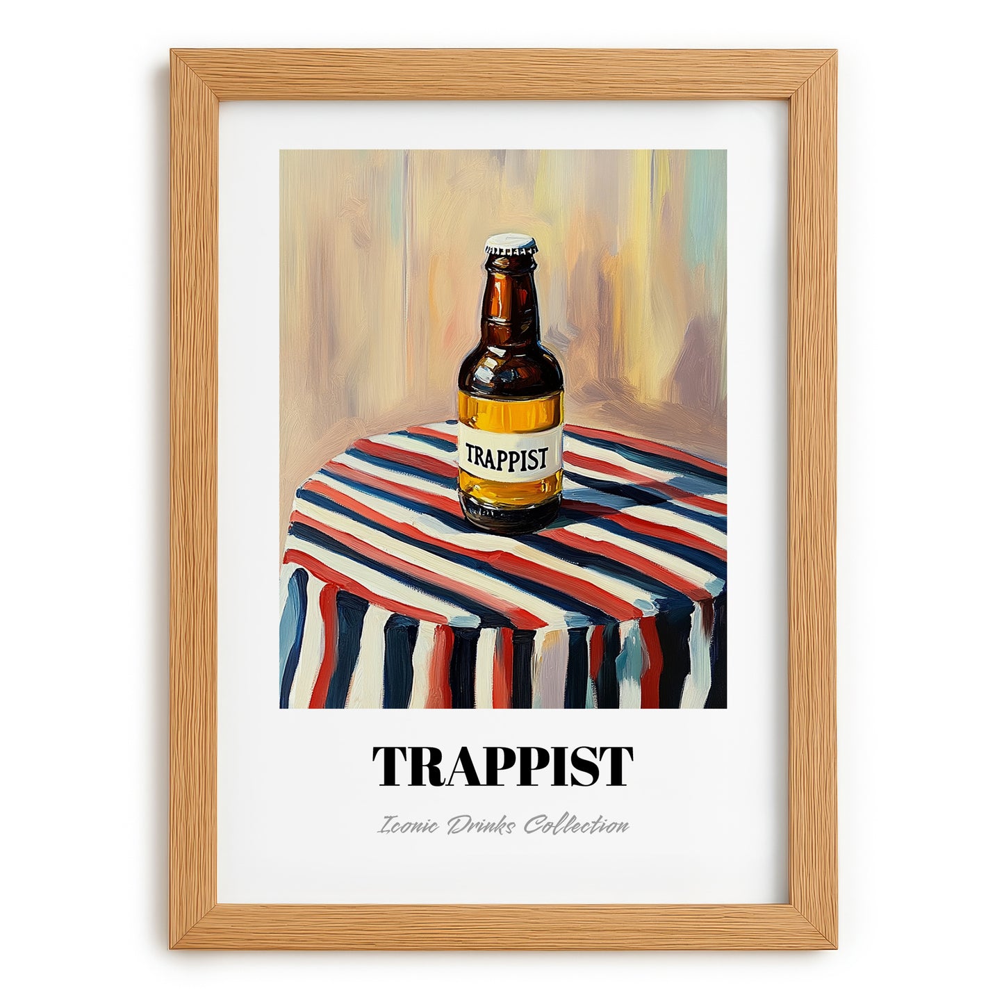Trappist – on Striped Tablecloth, Belgian Beer Still Life, set in oak frame