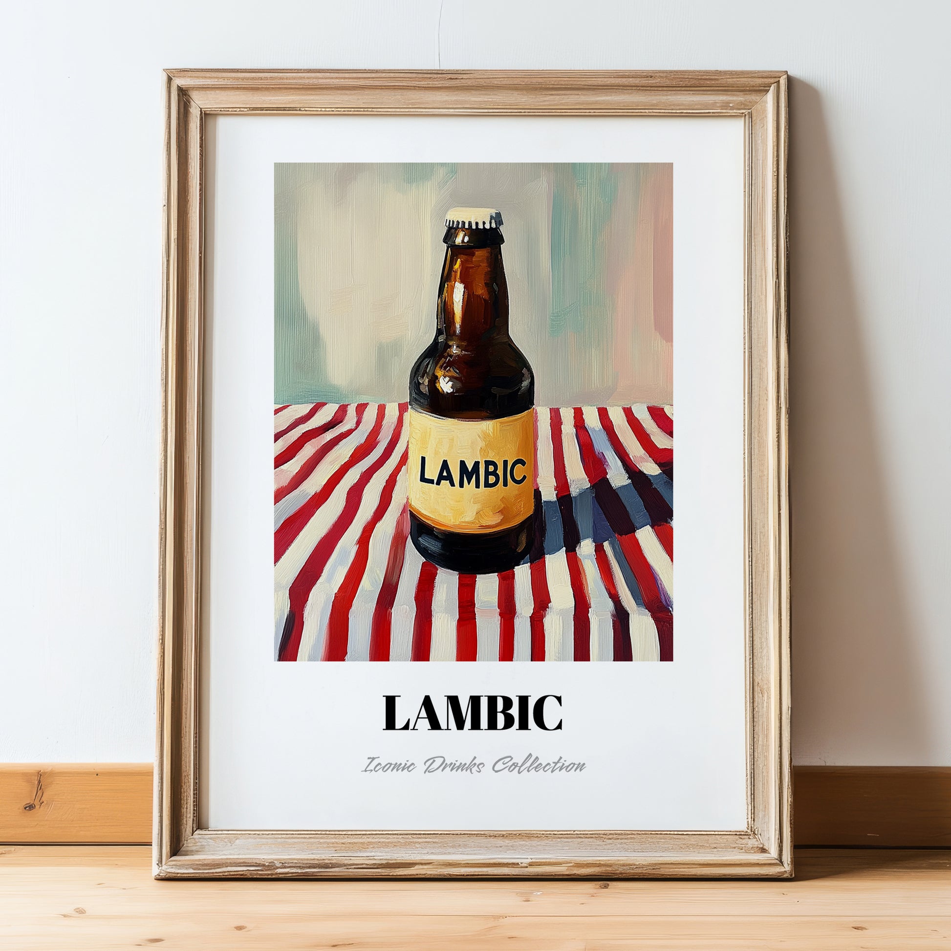 Lambic – on Striped Tablecloth, Belgian Beer Illustration, in wooden frame leaning on the floor