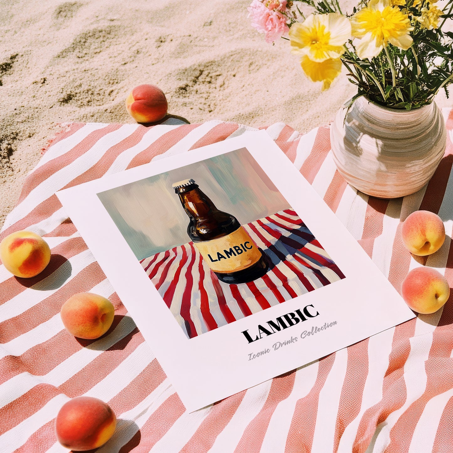 Lambic – on Striped Tablecloth, Belgian Beer Illustration, unframed on coastal sand