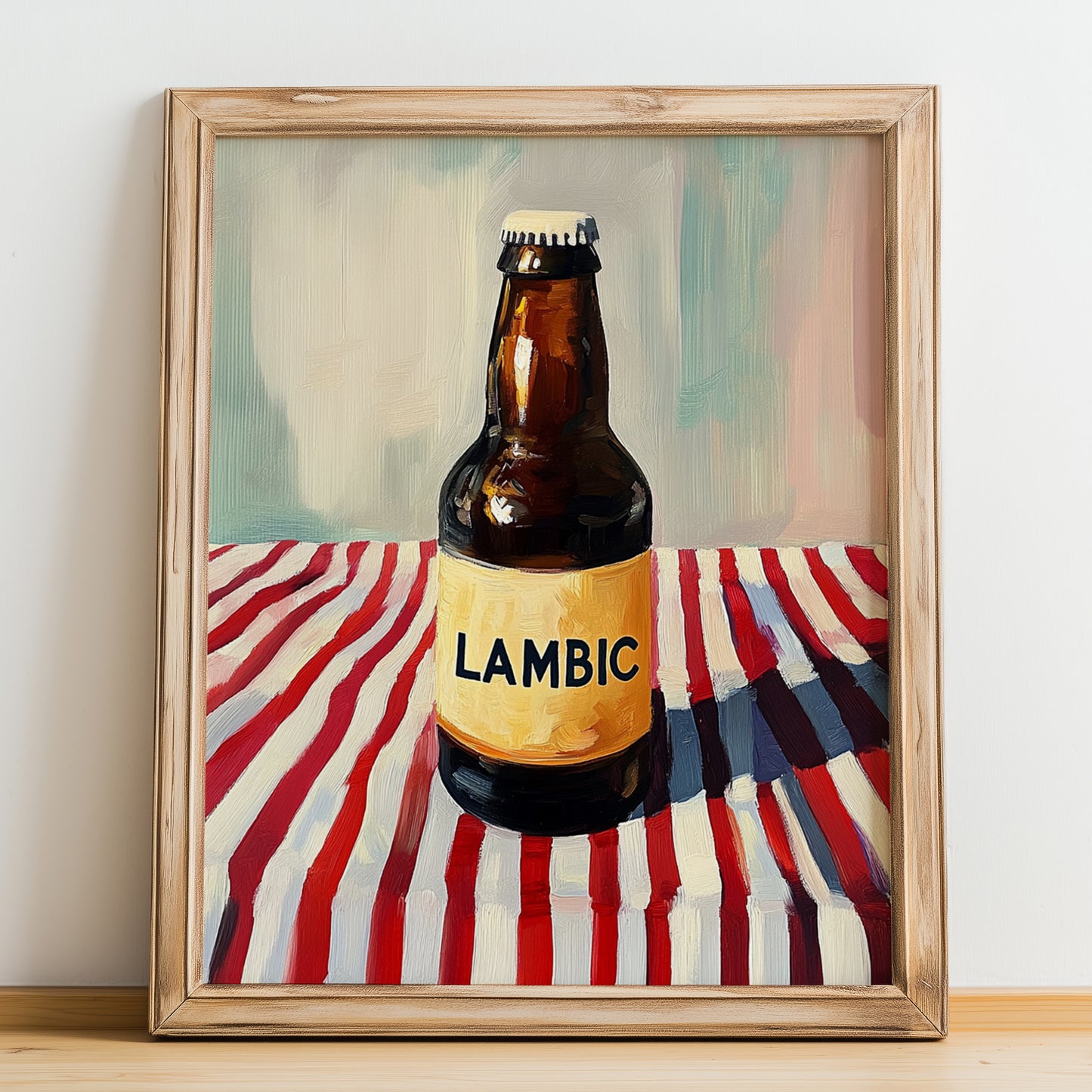 Lambic – on Striped Tablecloth, Belgian Beer Illustration, no-text version framed in wood