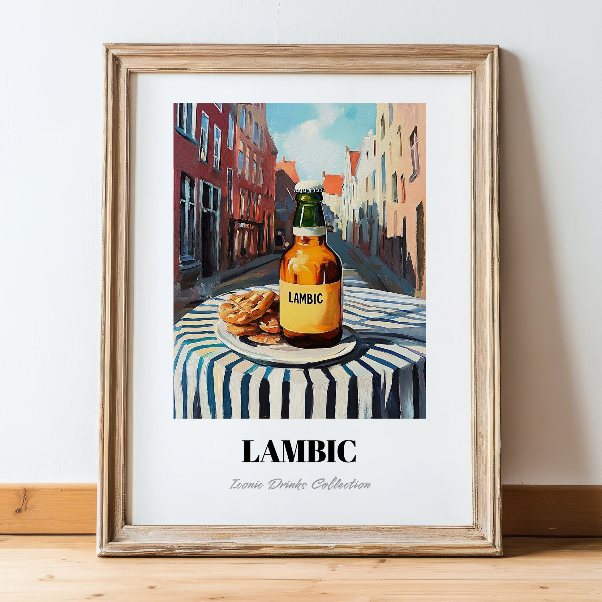 Lambic – Belgian Urban Café Scene, Belgian Coffee Print, in wooden frame leaning on the floor