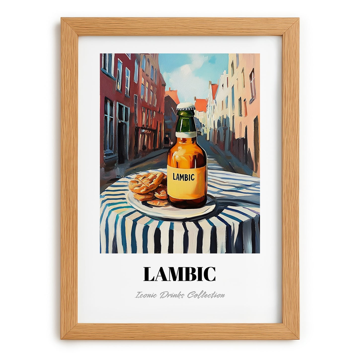 Lambic – Belgian Urban Café Scene, Belgian Coffee Print, set in oak frame