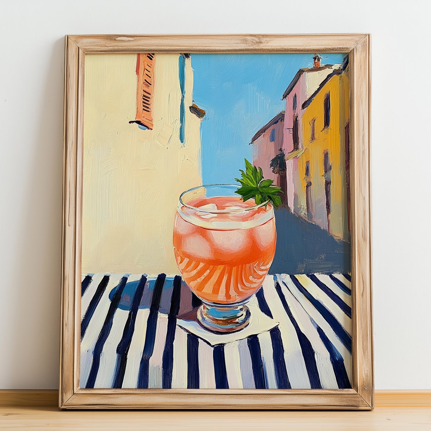 Long Drink – Finnish Urban Café Scene, Finnish Beverage Illustration, no-text version framed in wood