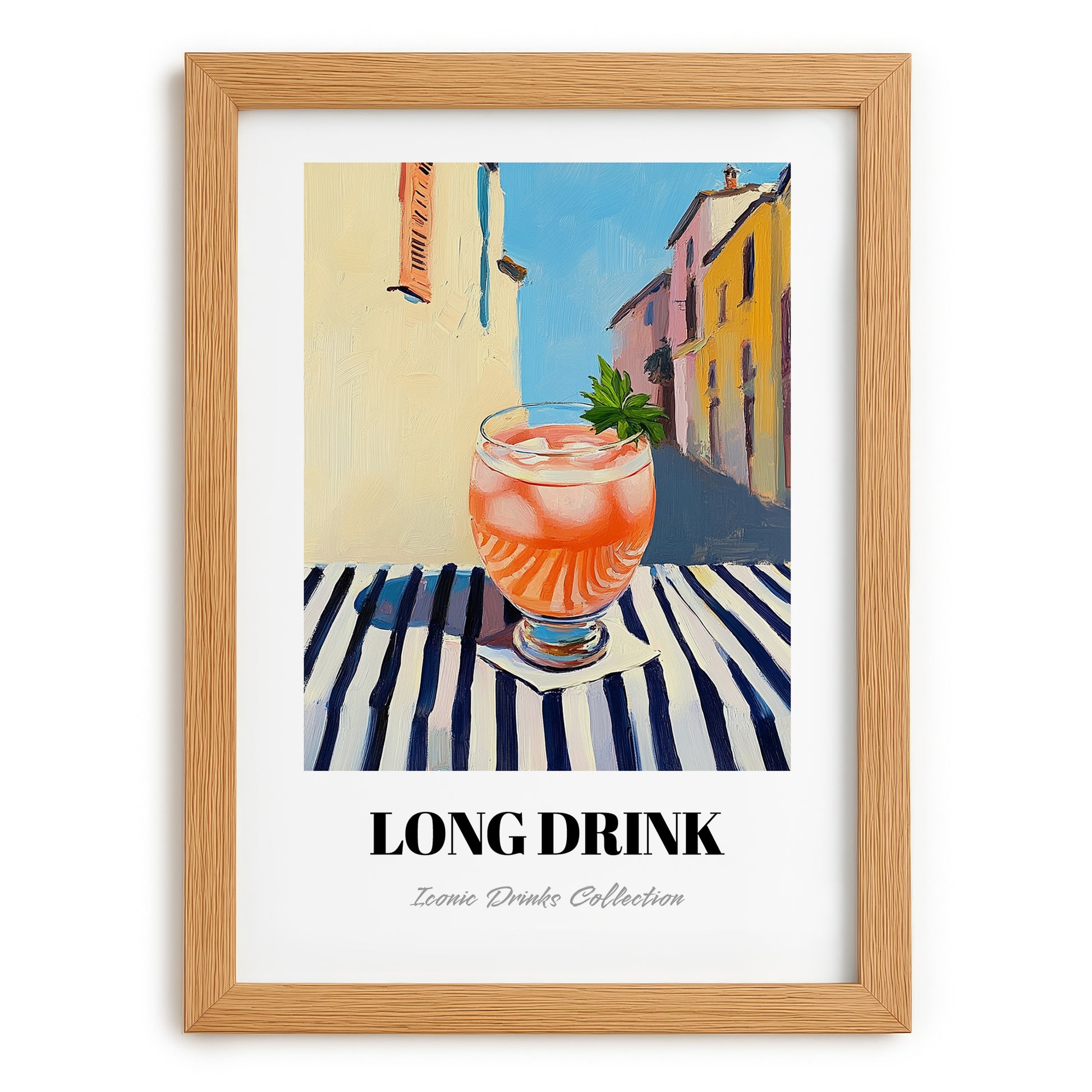 Long Drink – Finnish Urban Café Scene, Finnish Beverage Illustration, set in oak frame