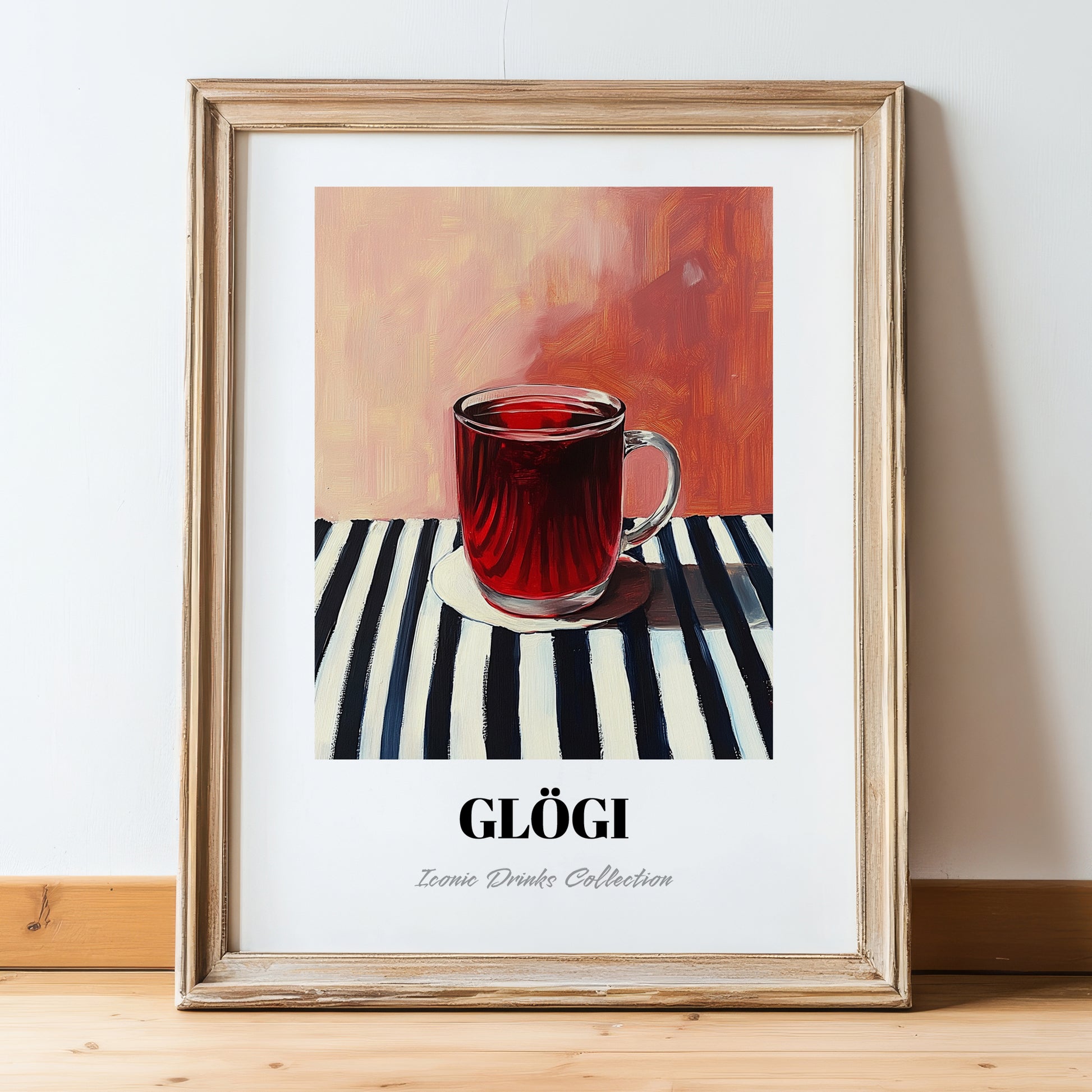 Glögi – on Striped Tablecloth, Finnish Beverage Art, in wooden frame leaning on the floor
