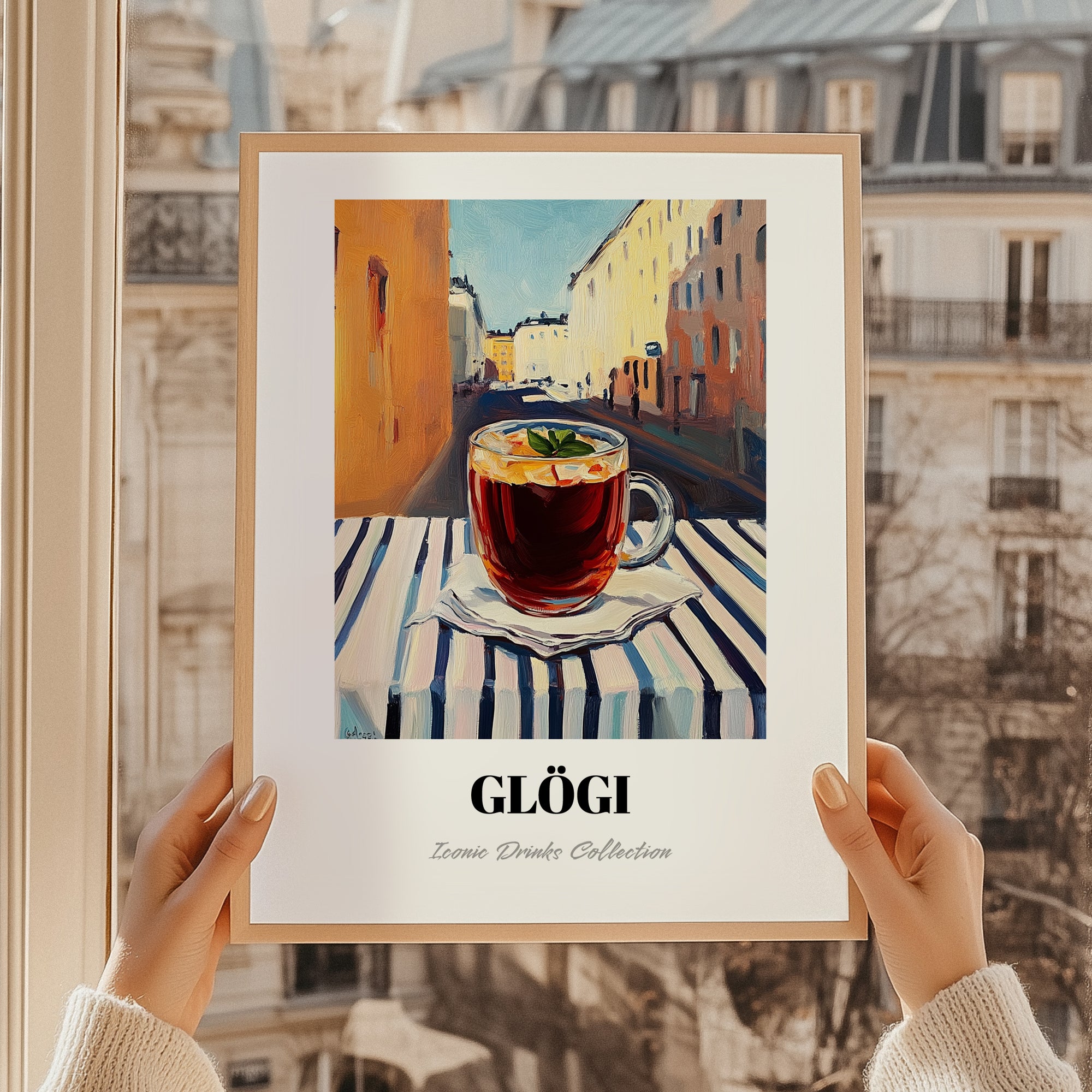 Glögi – Finnish Outdoor Café Scene, Finnish Wine Poster, styled in a charming Paris street view