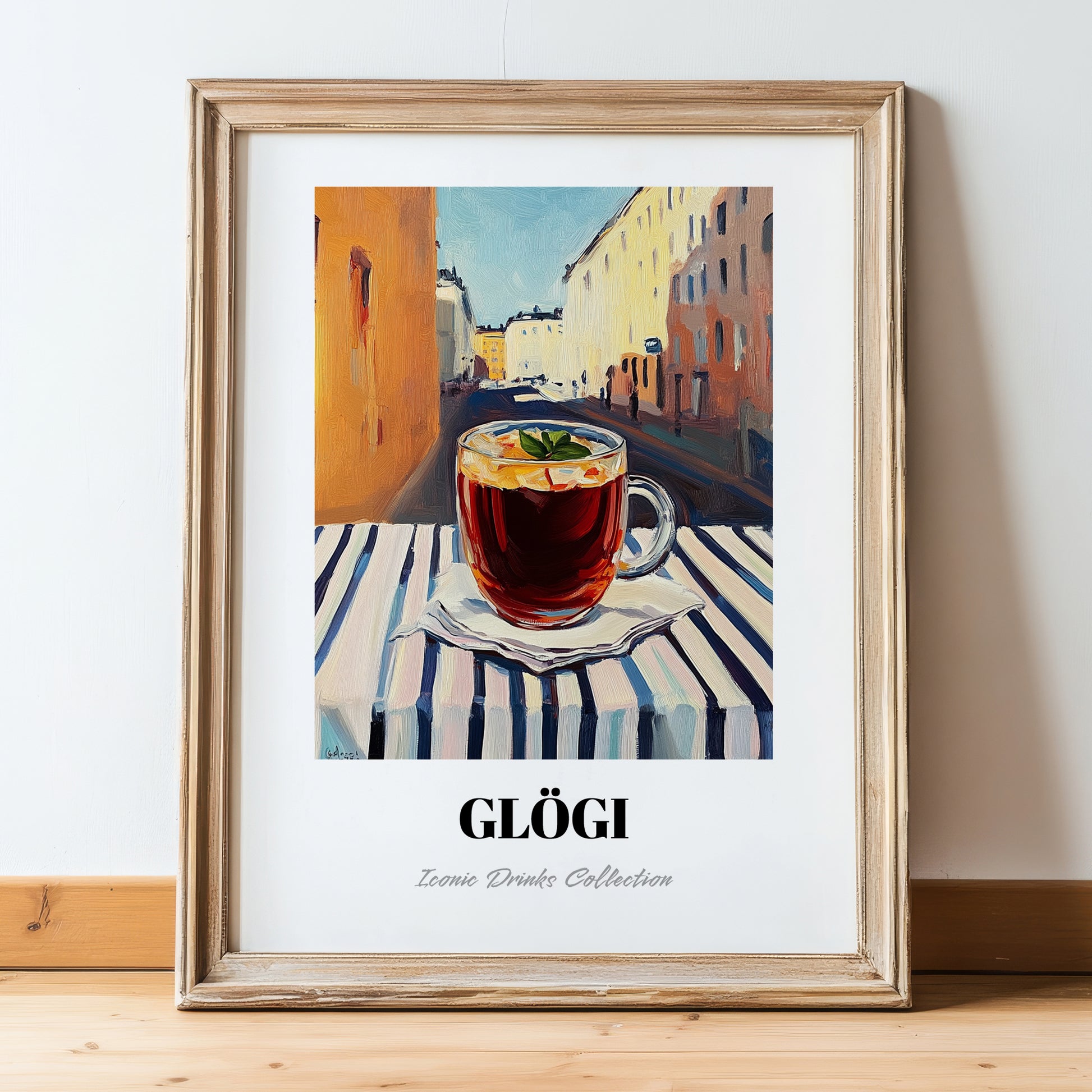 Glögi – Finnish Outdoor Café Scene, Finnish Wine Poster, in wooden frame leaning on the floor
