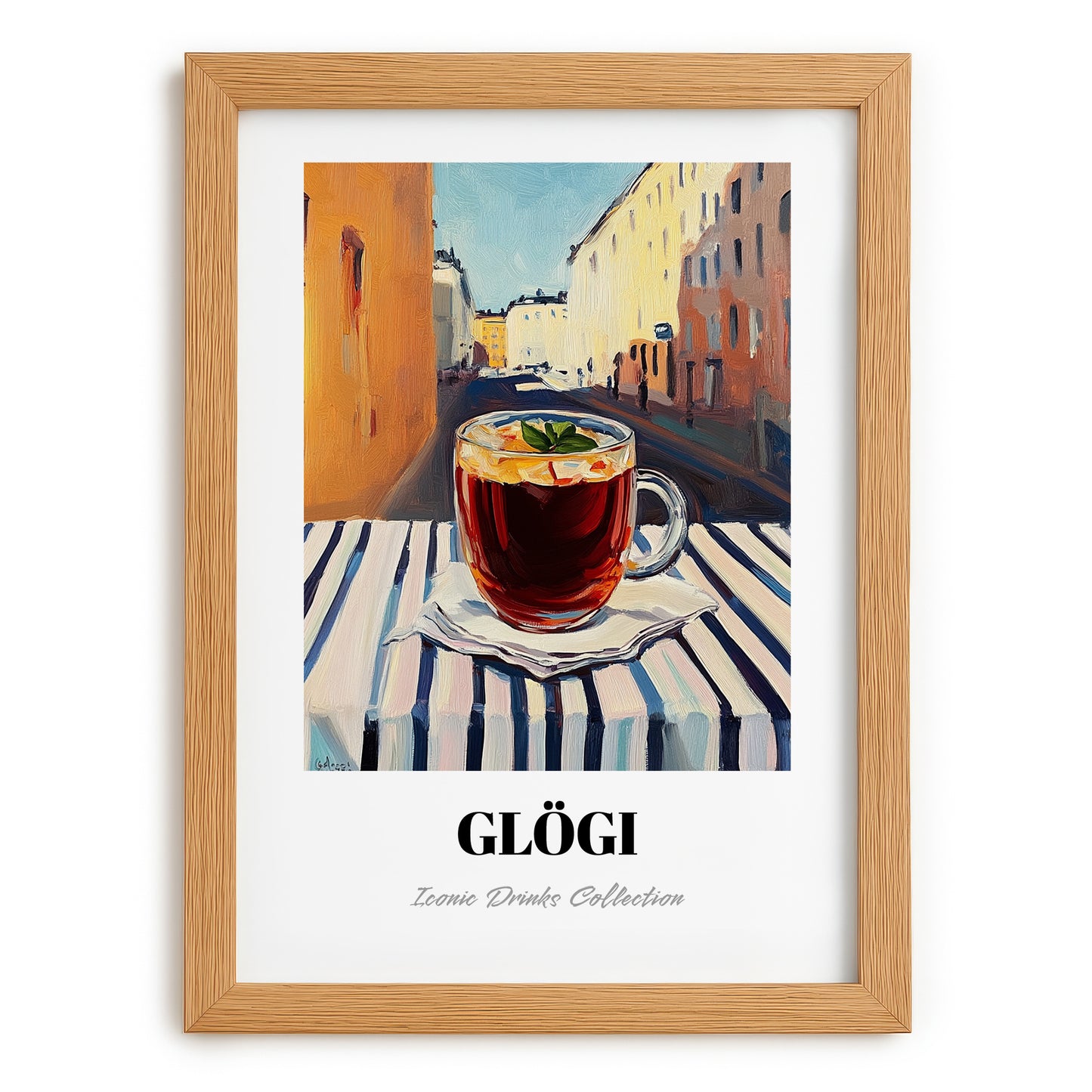 Glögi – Finnish Outdoor Café Scene, Finnish Wine Poster, set in oak frame
