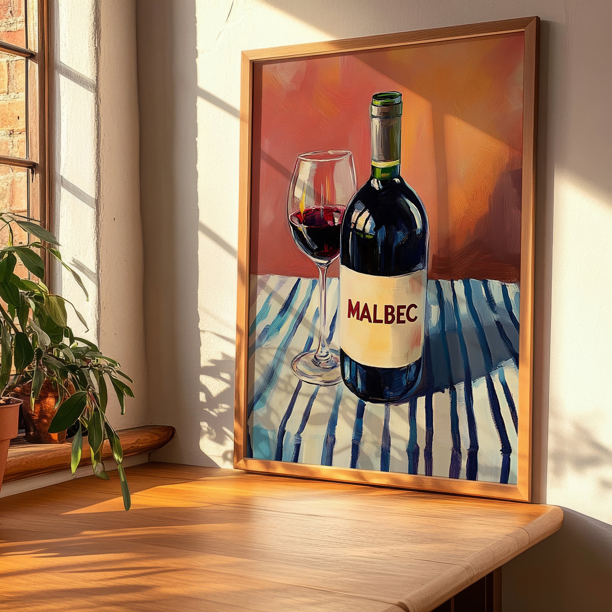 Malbec – on Striped Tablecloth, Argentinian Wine Still Life, clean layout with no caption