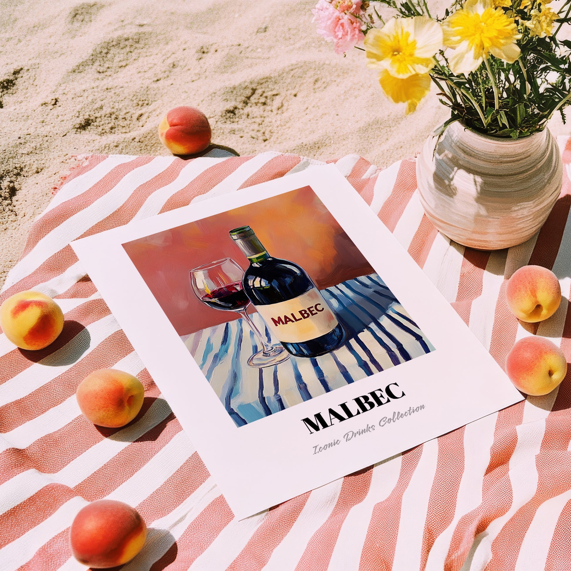 Malbec – on Striped Tablecloth, Argentinian Wine Still Life, unframed on coastal sand