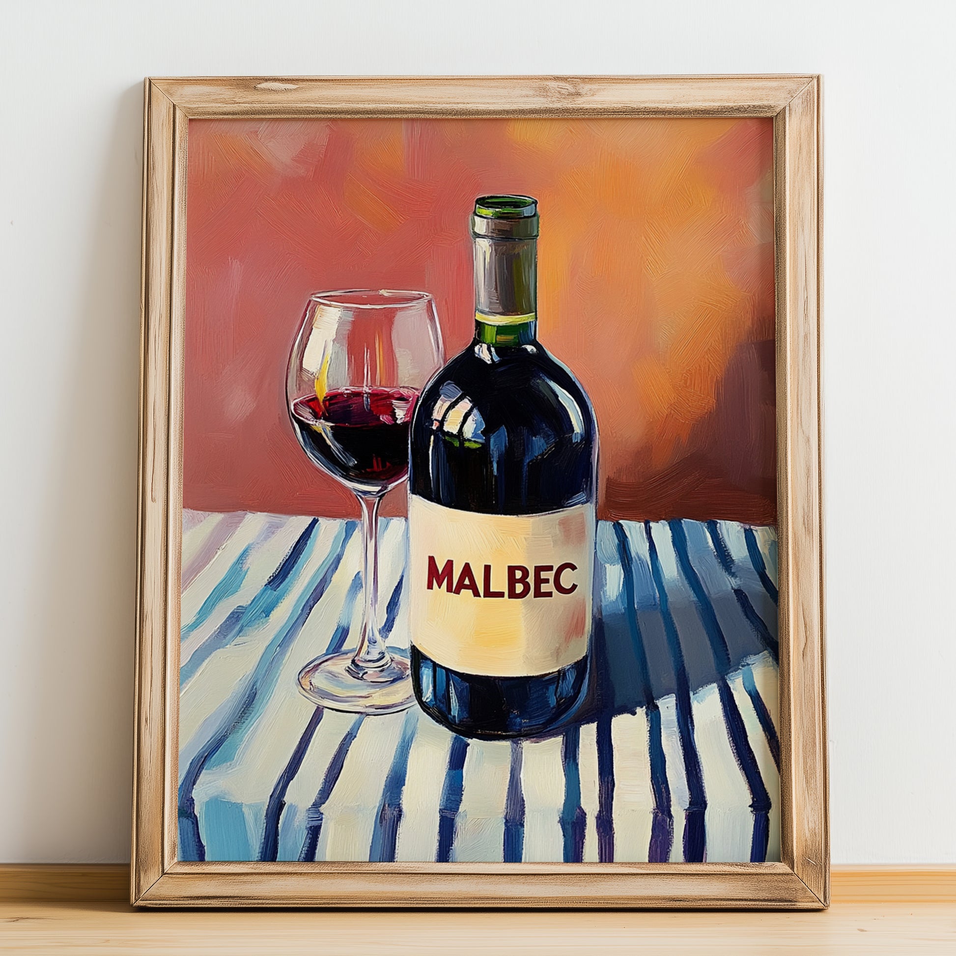 Malbec – on Striped Tablecloth, Argentinian Wine Still Life, no-text version framed in wood