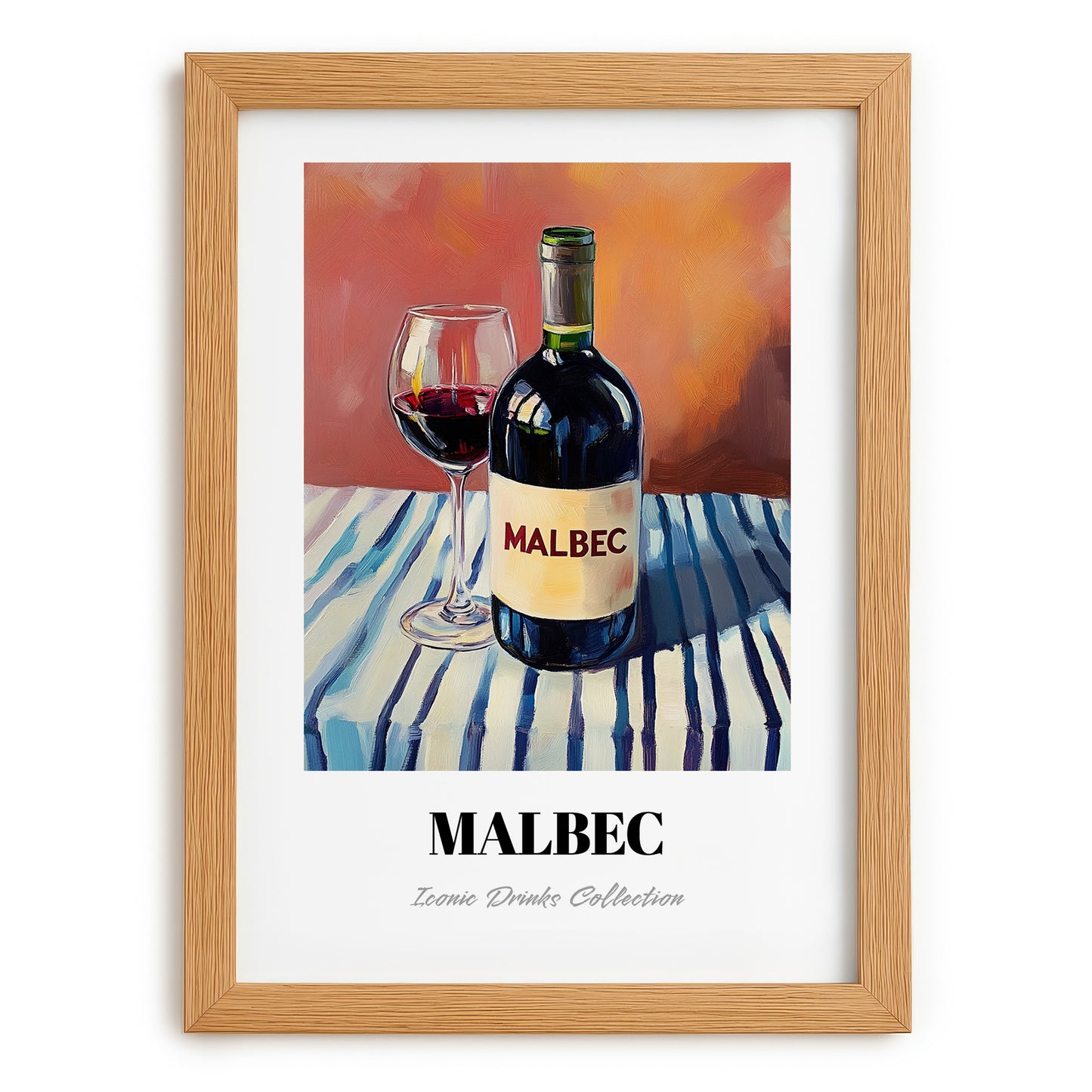 Malbec – on Striped Tablecloth, Argentinian Wine Still Life, set in oak frame