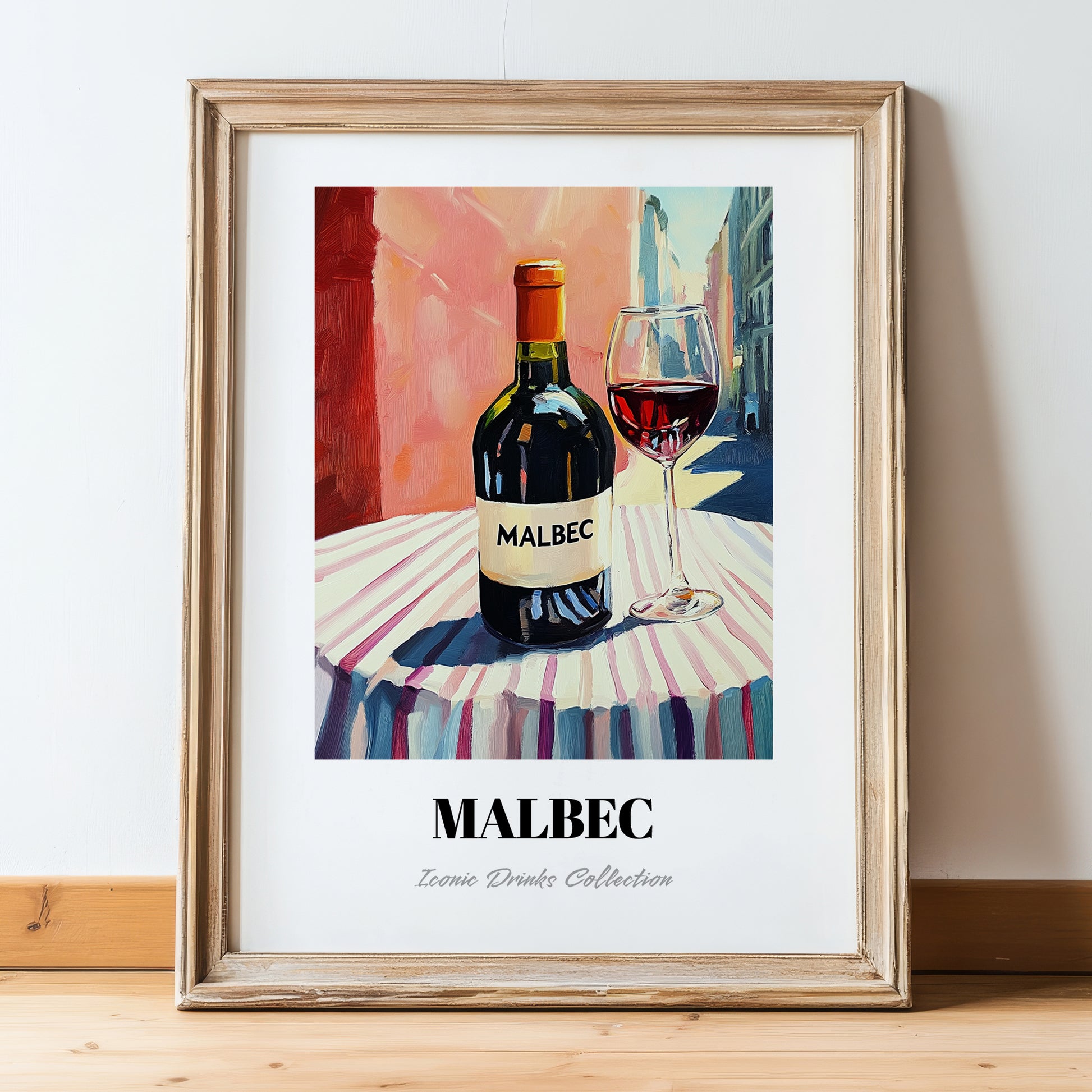 Malbec – Argentinian Street Café Scene, Argentinian Beverage Still Life, in wooden frame leaning on the floor