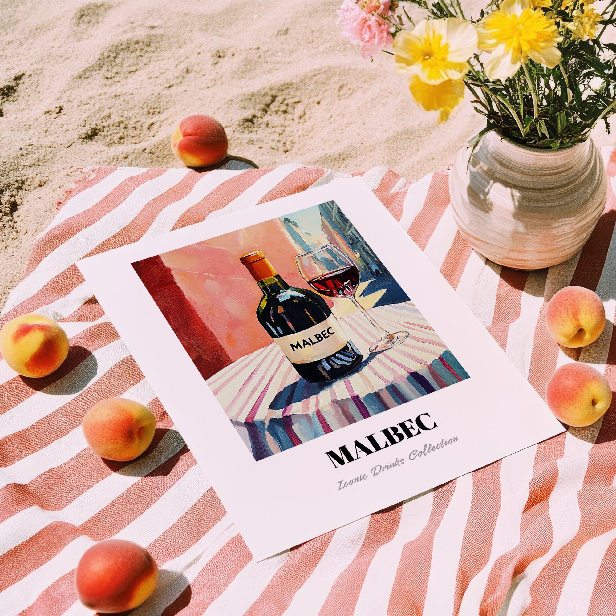 Malbec – Argentinian Street Café Scene, Argentinian Beverage Still Life, unframed on coastal sand
