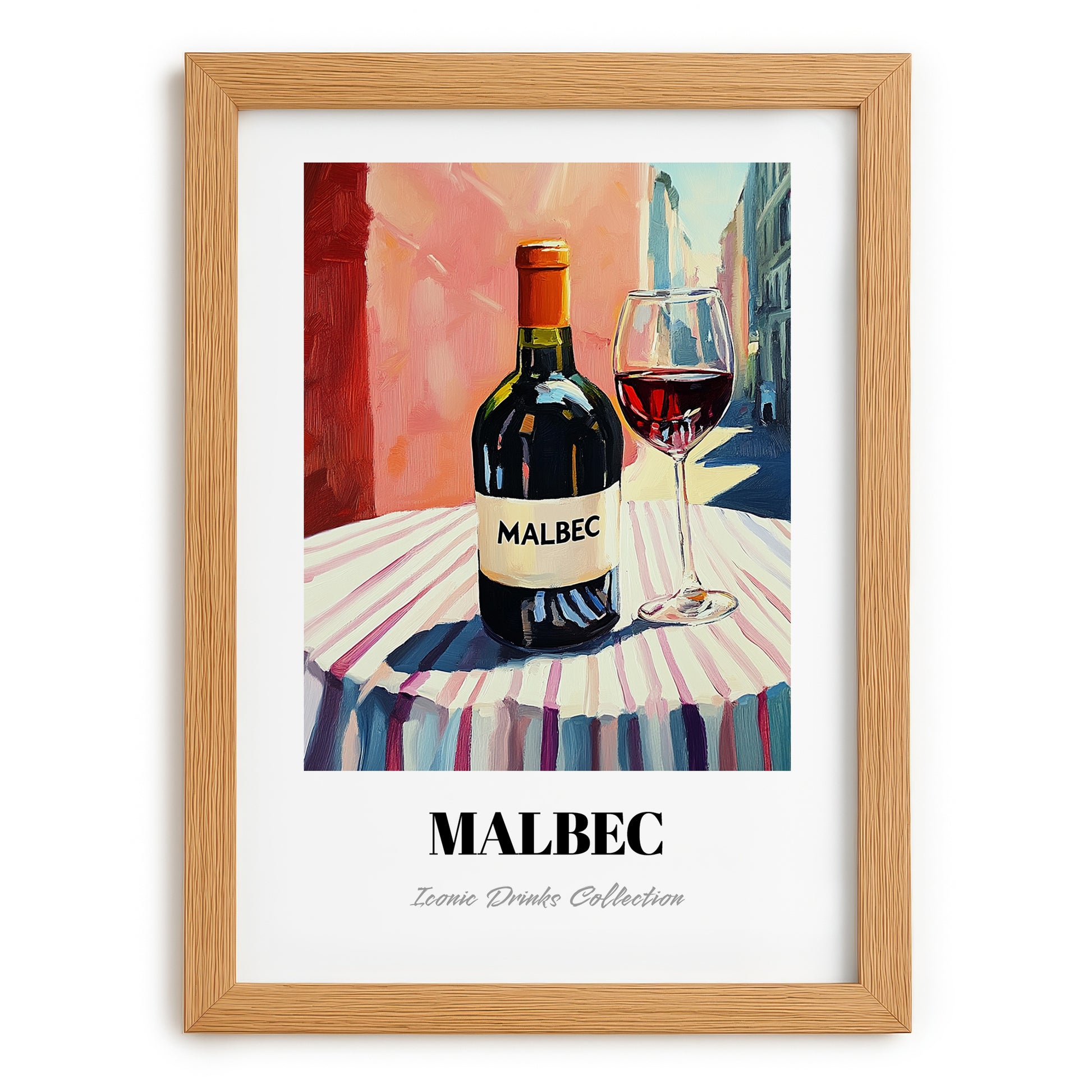 Malbec – Argentinian Street Café Scene, Argentinian Beverage Still Life, set in oak frame