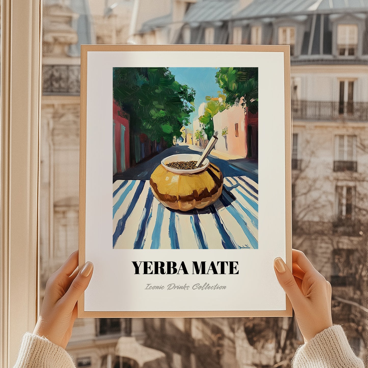 Yerba Maté – Argentinian Outdoor Café Scene, Argentinian Beverage Poster, styled in a charming Paris street view