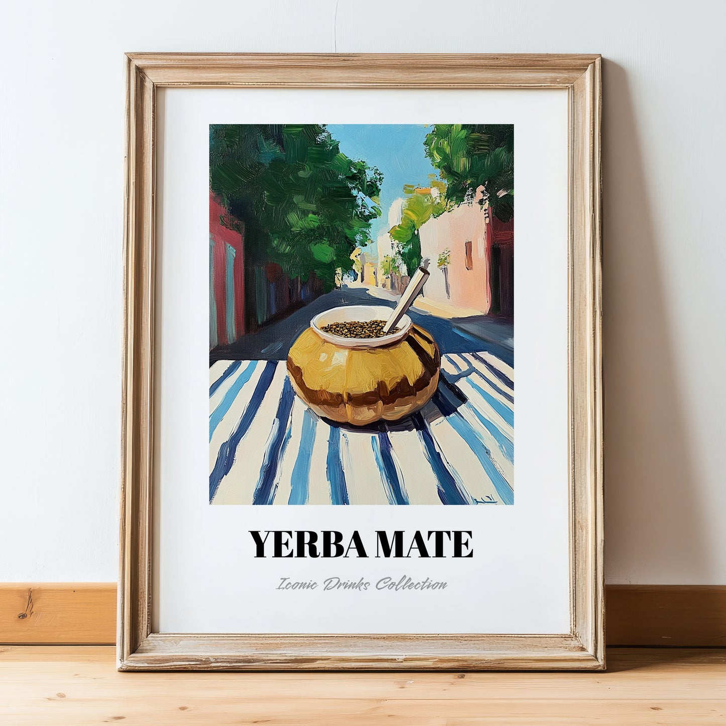 Yerba Maté – Argentinian Outdoor Café Scene, Argentinian Beverage Poster, in wooden frame leaning on the floor
