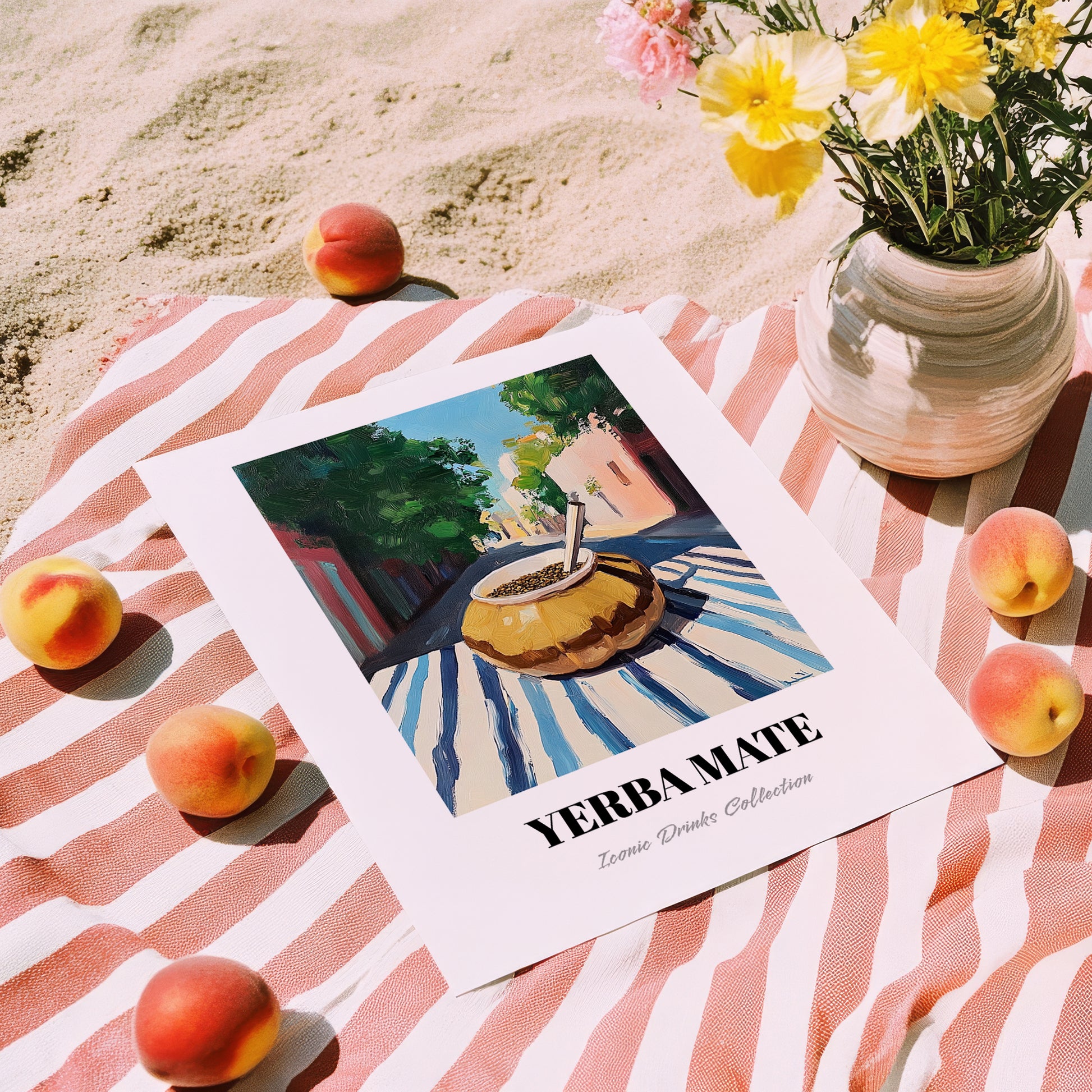 Yerba Maté – Argentinian Outdoor Café Scene, Argentinian Beverage Poster, unframed on coastal sand