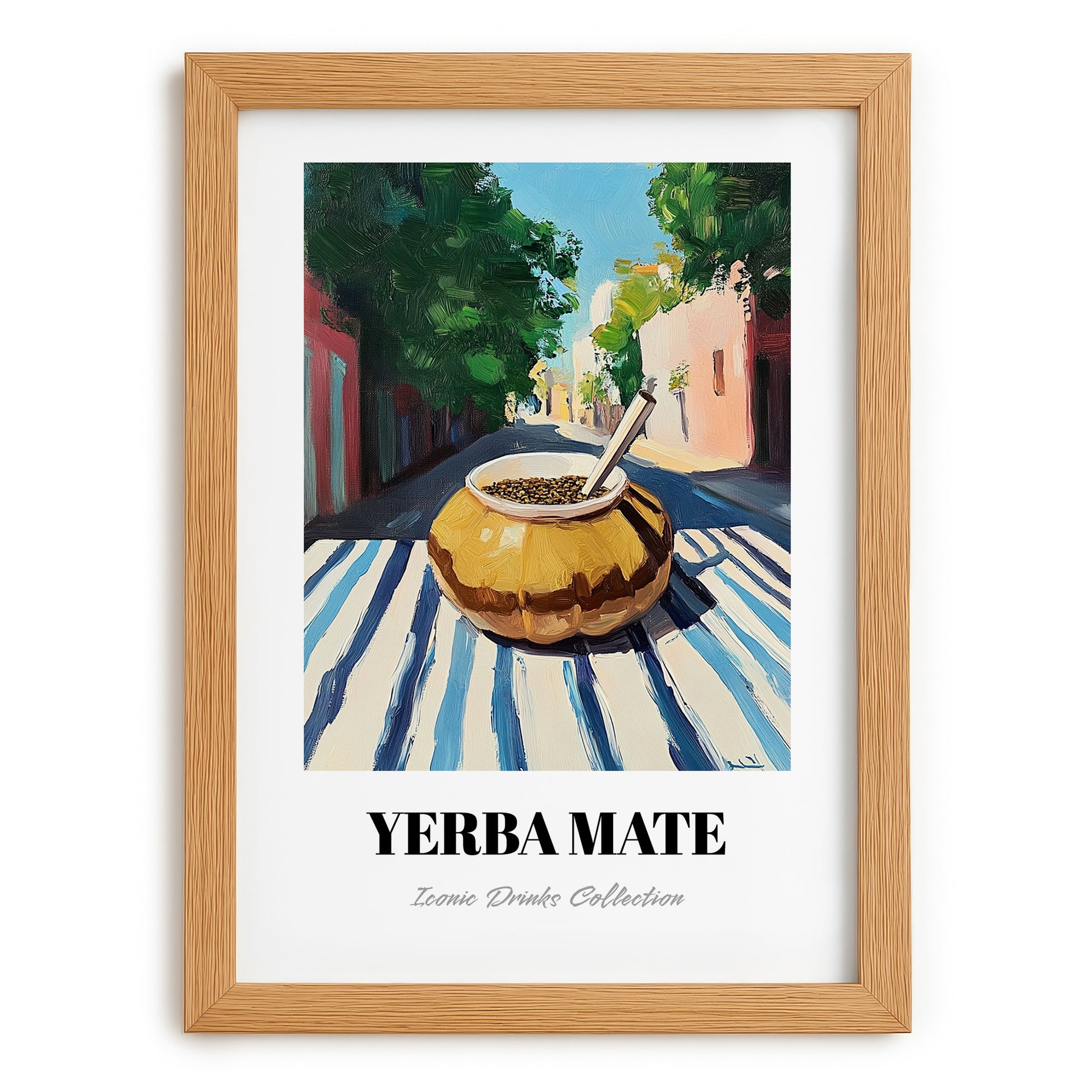 Yerba Maté – Argentinian Outdoor Café Scene, Argentinian Beverage Poster, set in oak frame