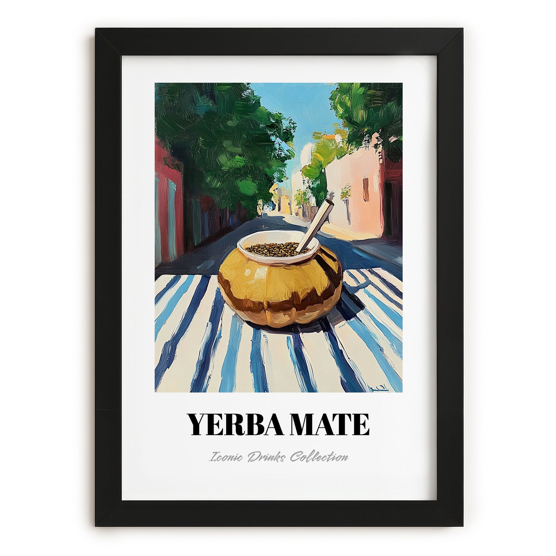 Yerba Maté – Argentinian Outdoor Café Scene, Argentinian Beverage Poster, in sleek black frame