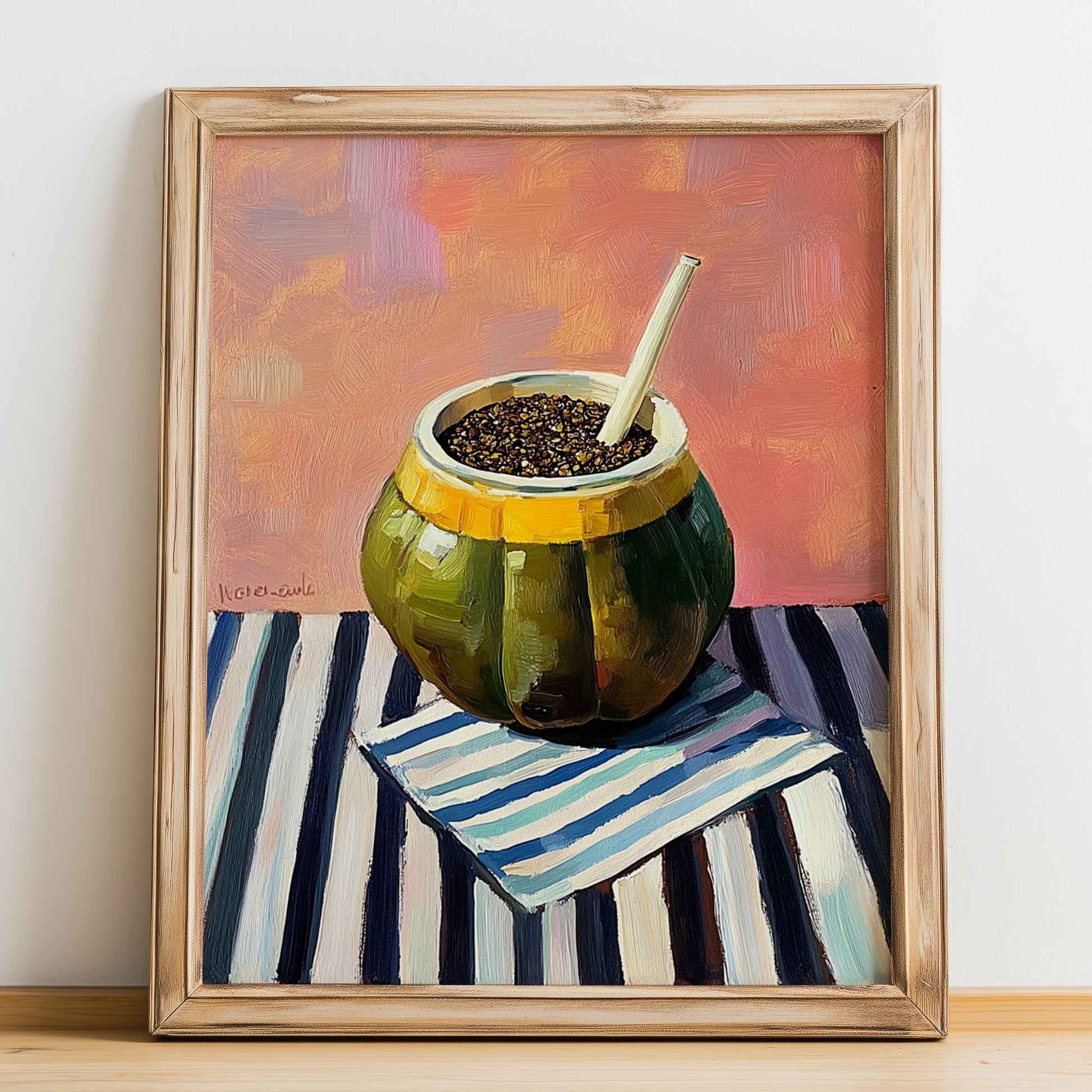 Yerba Maté – on Striped Tablecloth, Argentinian Whiskey Wall Decor, no-text version framed in wood