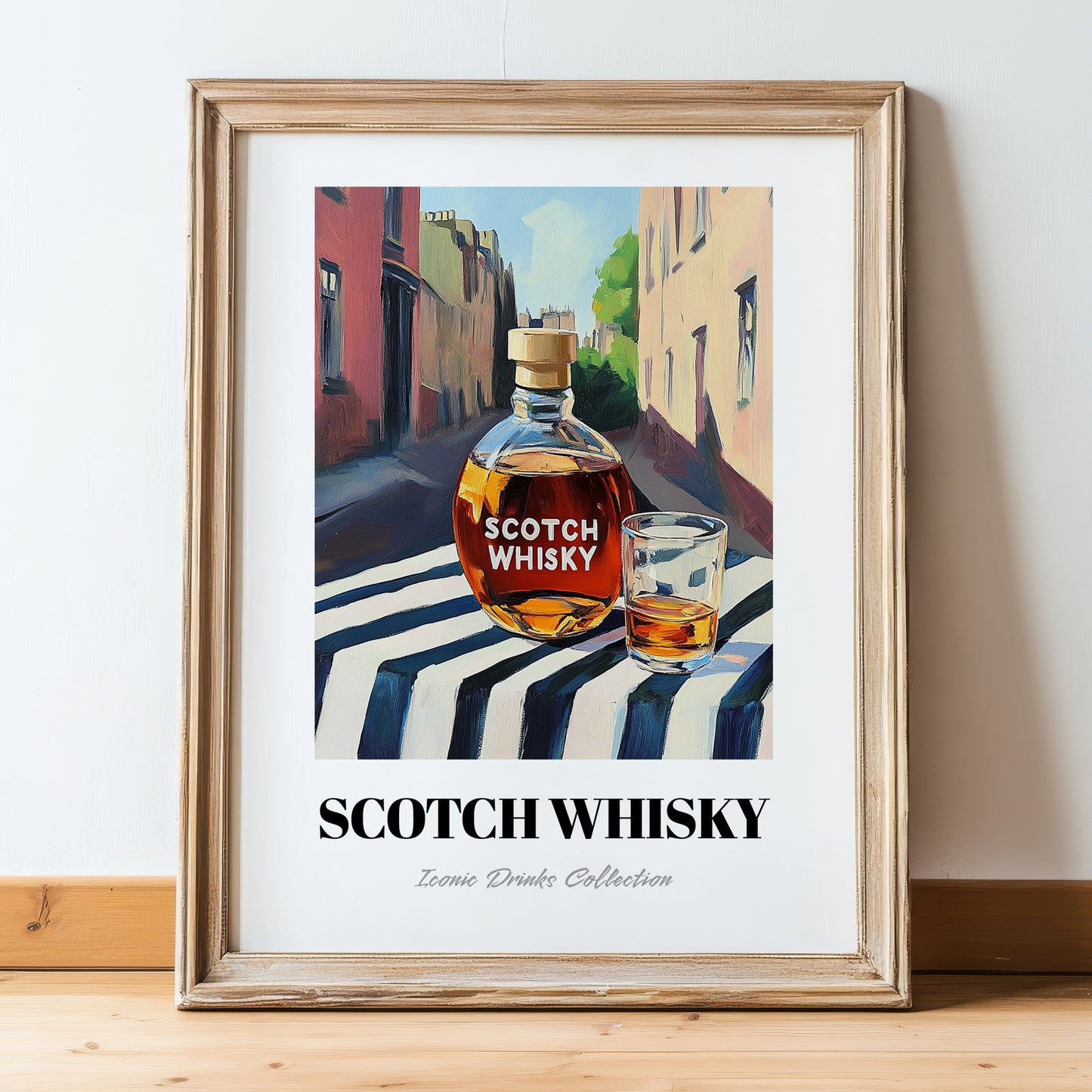 Scotch Whisky – Scottish Urban Café Scene, Scottish Whiskey Illustration, in wooden frame leaning on the floor