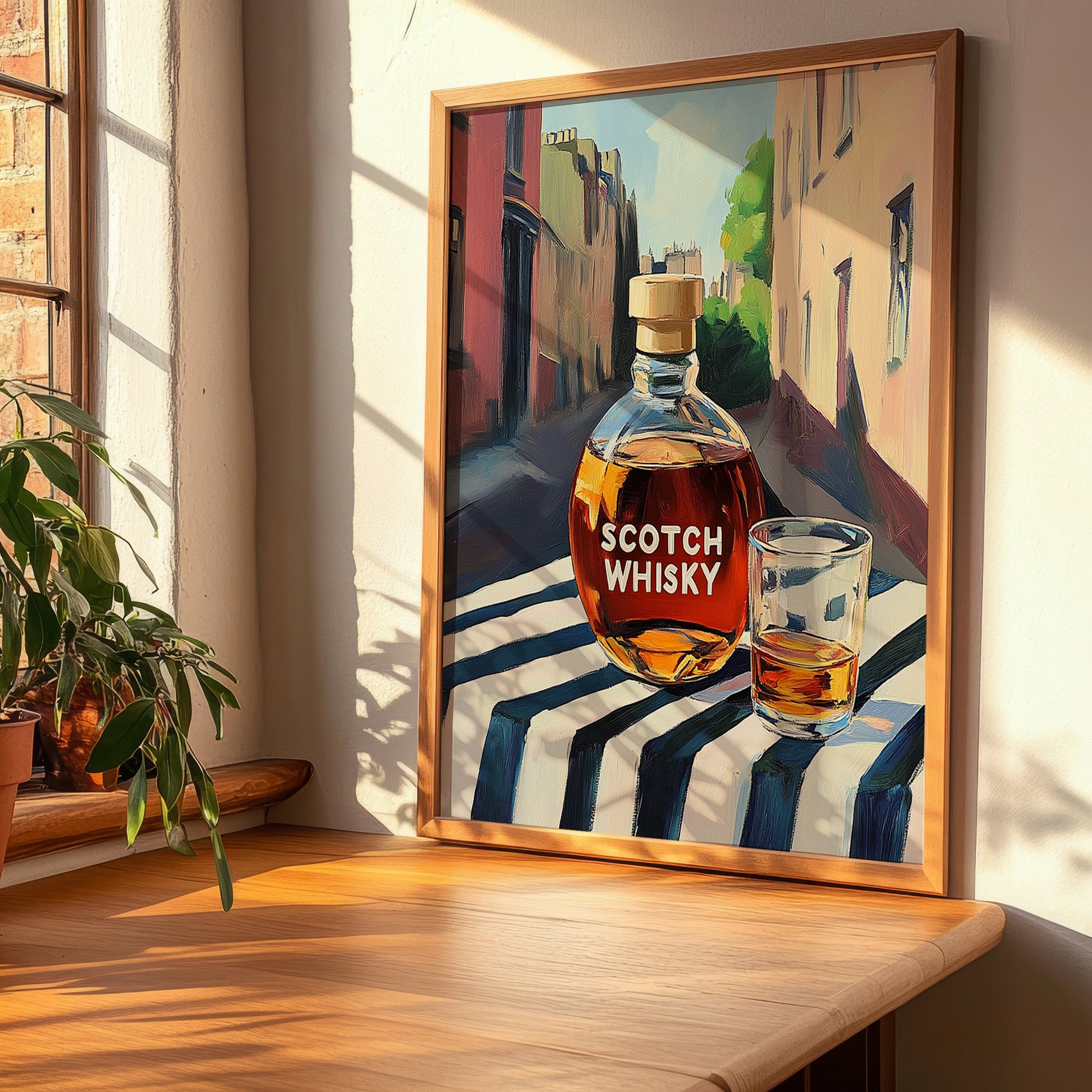 Scotch Whisky – Scottish Urban Café Scene, Scottish Whiskey Illustration, clean layout with no caption