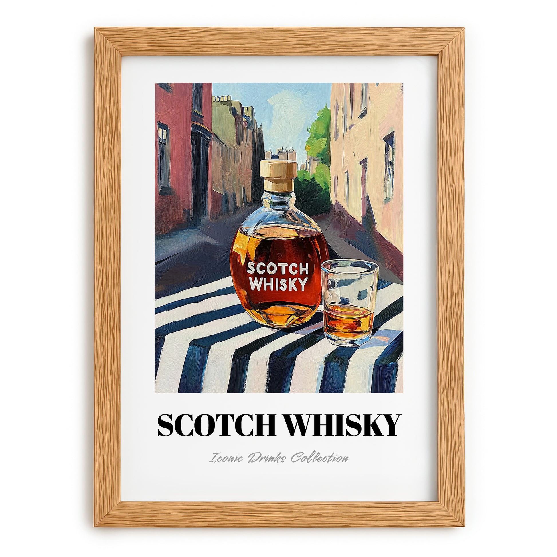 Scotch Whisky – Scottish Urban Café Scene, Scottish Whiskey Illustration, set in oak frame