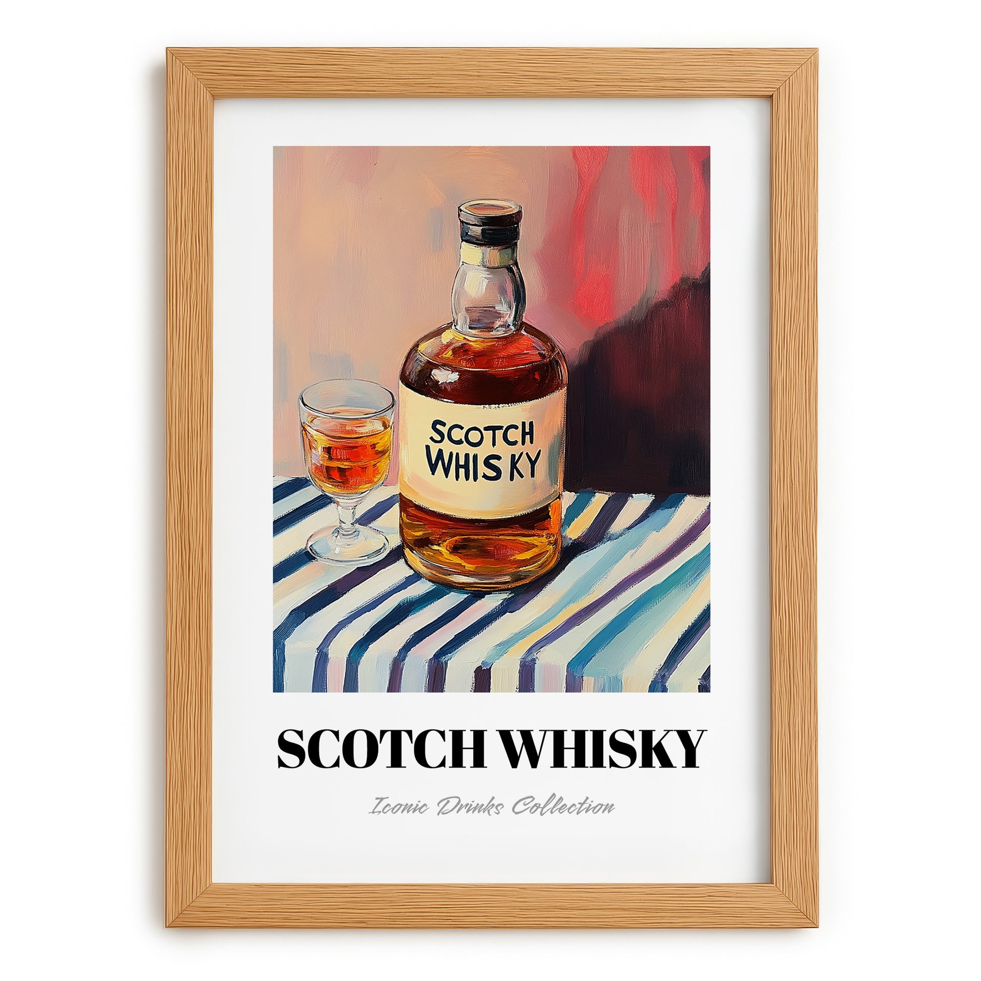 Scotch Whisky – on Striped Tablecloth, Scottish Beer Wall Decor, set in oak frame