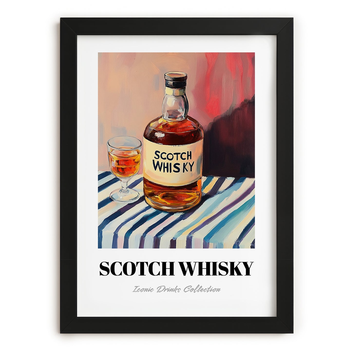 Scotch Whisky – on Striped Tablecloth, Scottish Beer Wall Decor, in sleek black frame