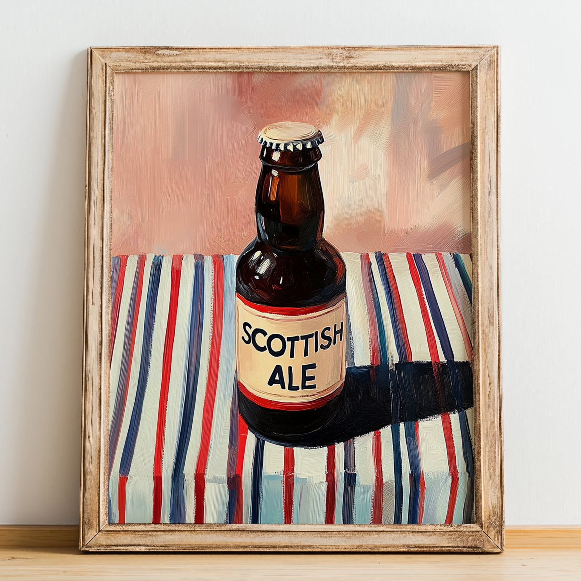 Scottish Ale – on Striped Tablecloth, Scottish Beer Illustration, no-text version framed in wood