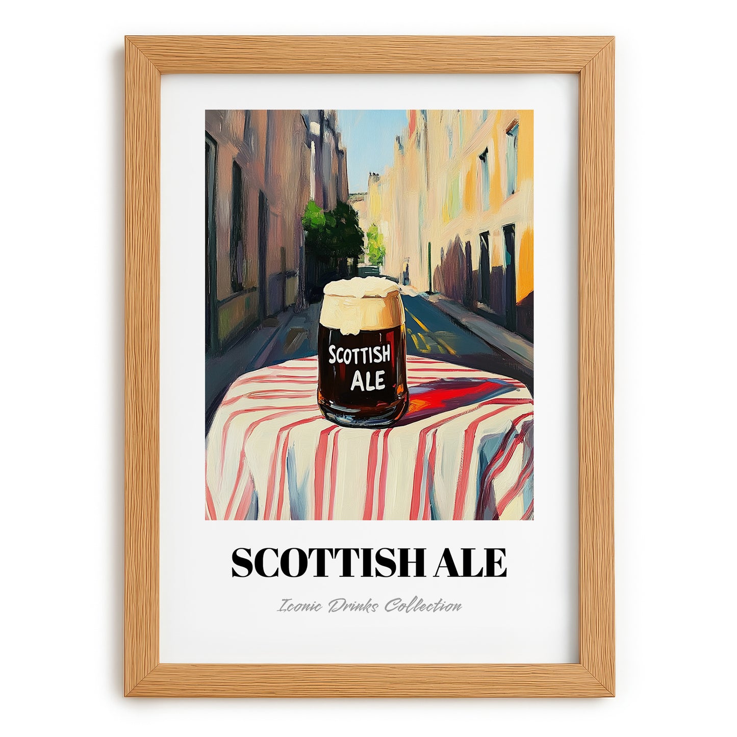 Scottish Ale – Scottish Street Café Scene, Scottish Whiskey Still Life, set in oak frame