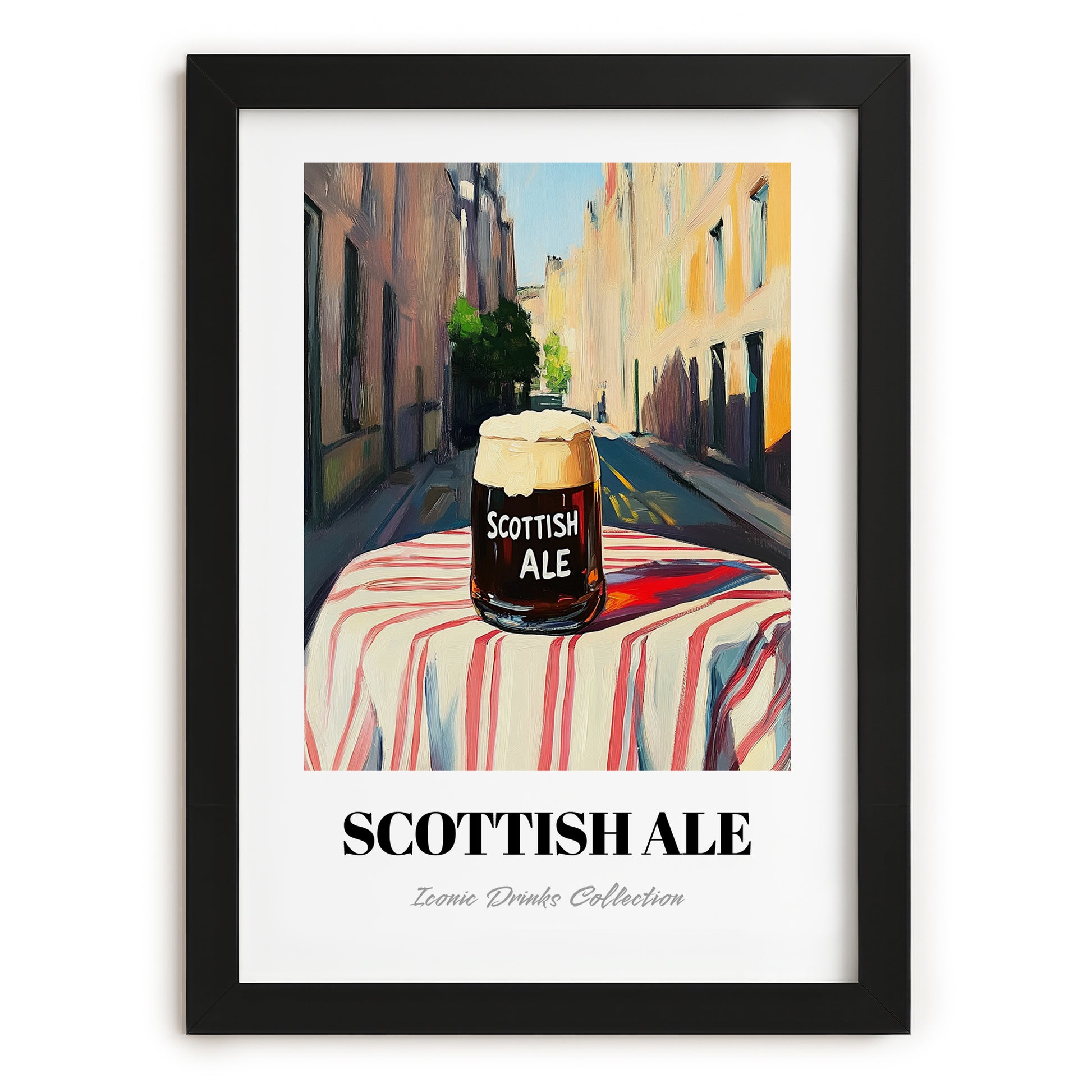 Scottish Ale – Scottish Street Café Scene, Scottish Whiskey Still Life, in sleek black frame