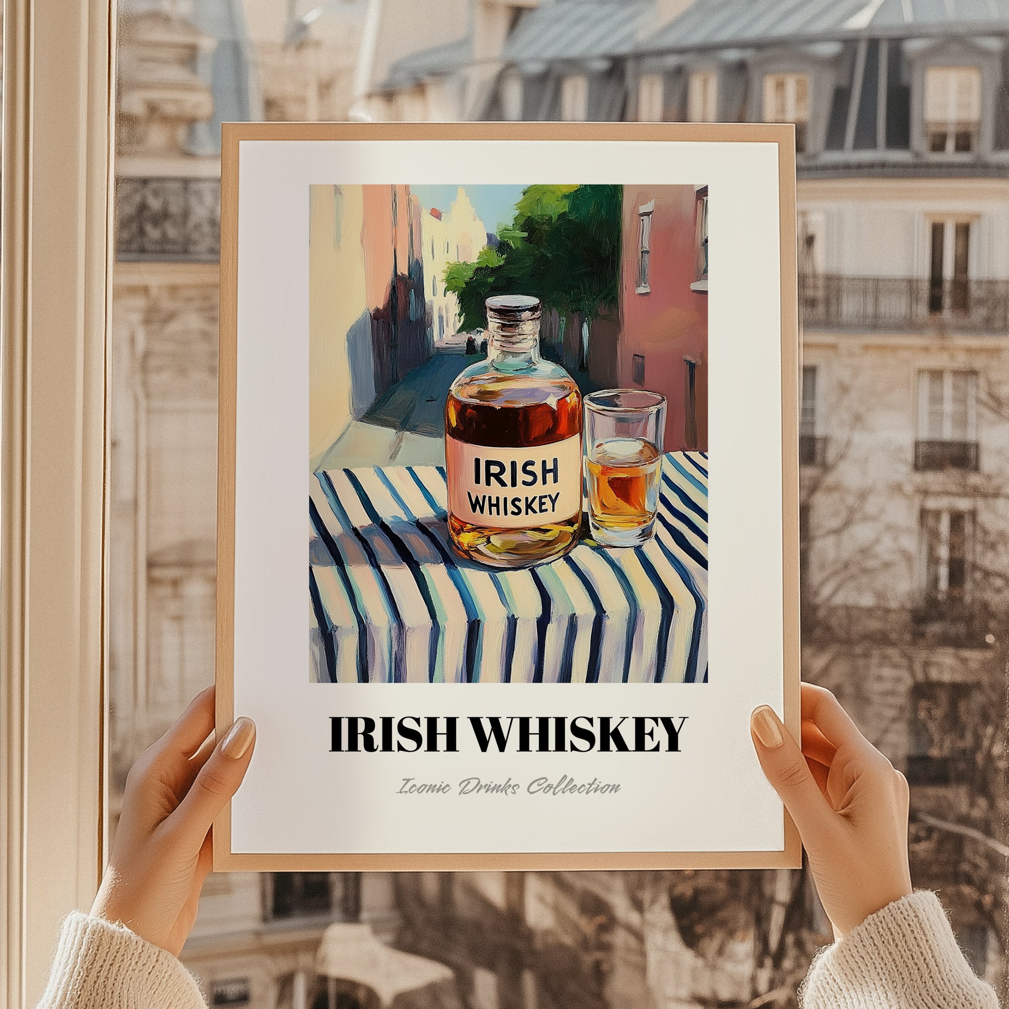 Irish Whiskey – Irish Outdoor Café Scene, Irish Whiskey Print, styled in a charming Paris street view