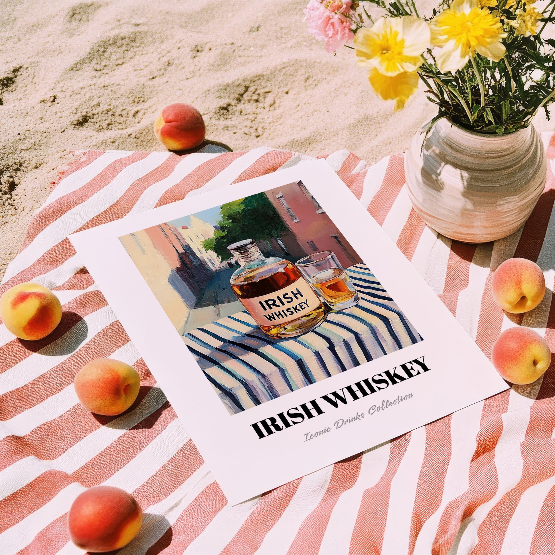 Irish Whiskey – Irish Outdoor Café Scene, Irish Whiskey Print, unframed on coastal sand