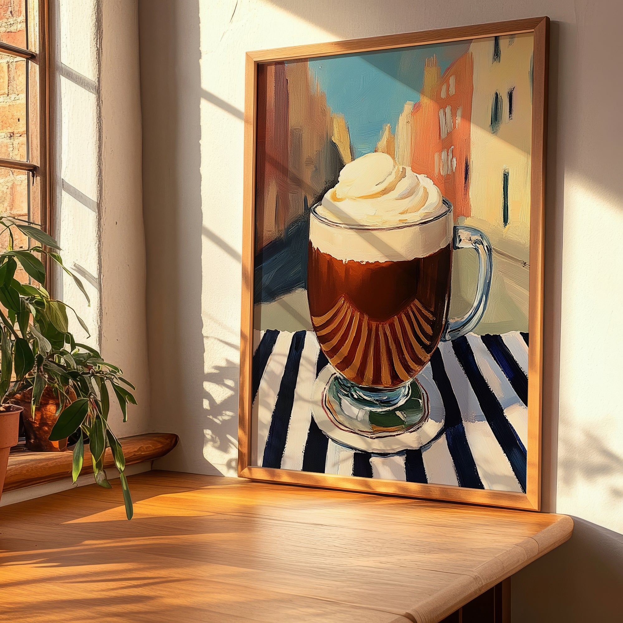 Irish Coffee – Irish Outdoor Café Scene, Irish Beverage Painting, clean layout with no caption
