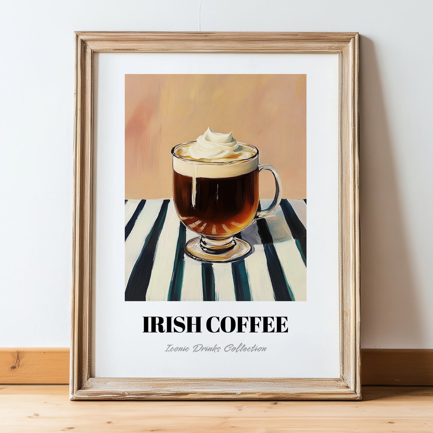 Irish Coffee – on Striped Tablecloth, Irish Drink Wall Decor, in wooden frame leaning on the floor