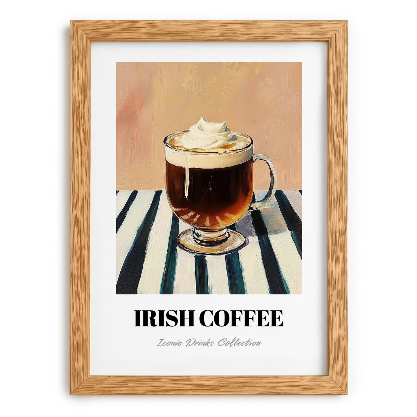 Irish Coffee – on Striped Tablecloth, Irish Drink Wall Decor, set in oak frame