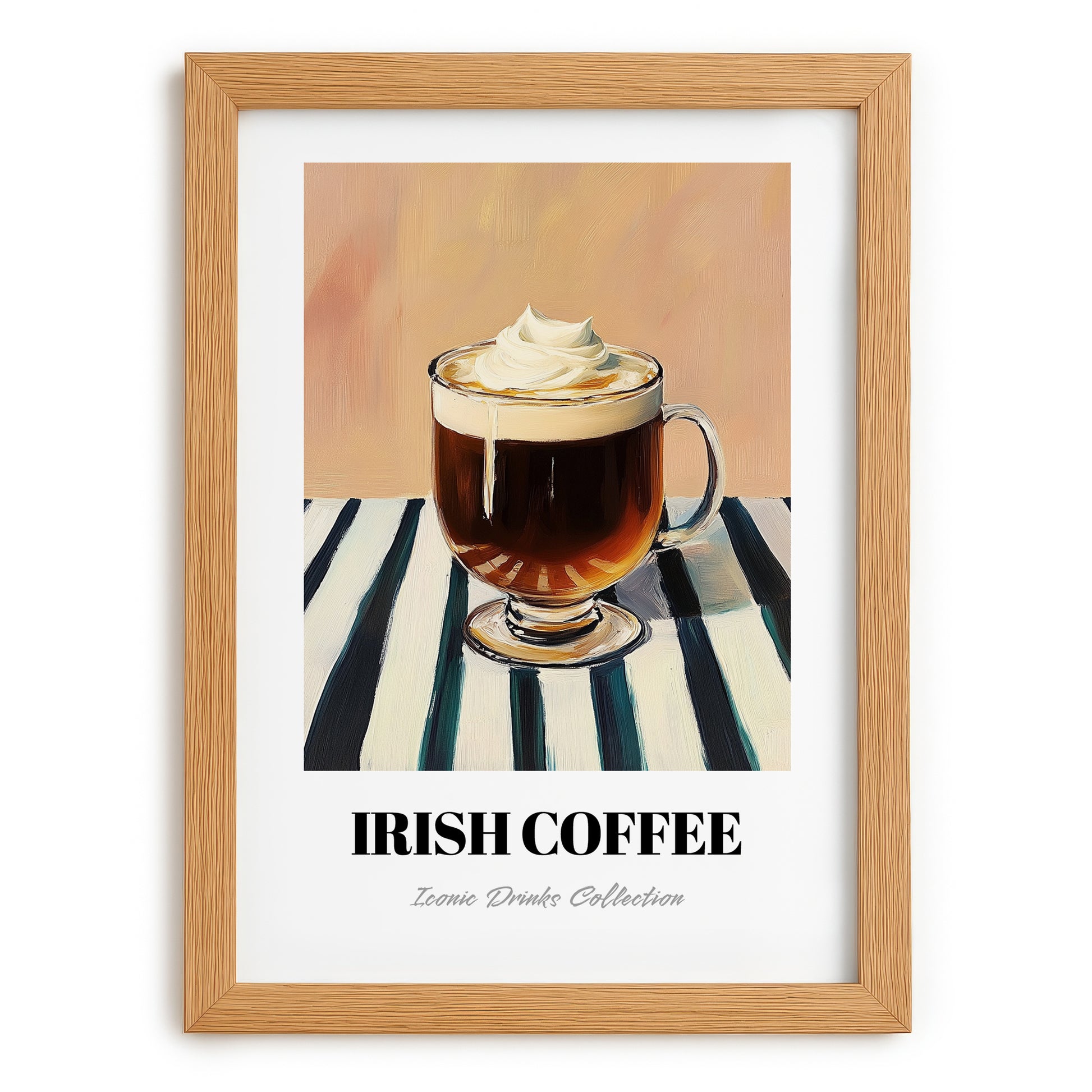 Irish Coffee – on Striped Tablecloth, Irish Drink Wall Decor, set in oak frame