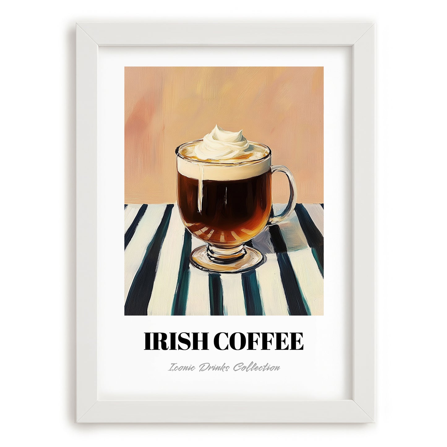 Irish Coffee – on Striped Tablecloth, Irish Drink Wall Decor, placed in minimal white frame