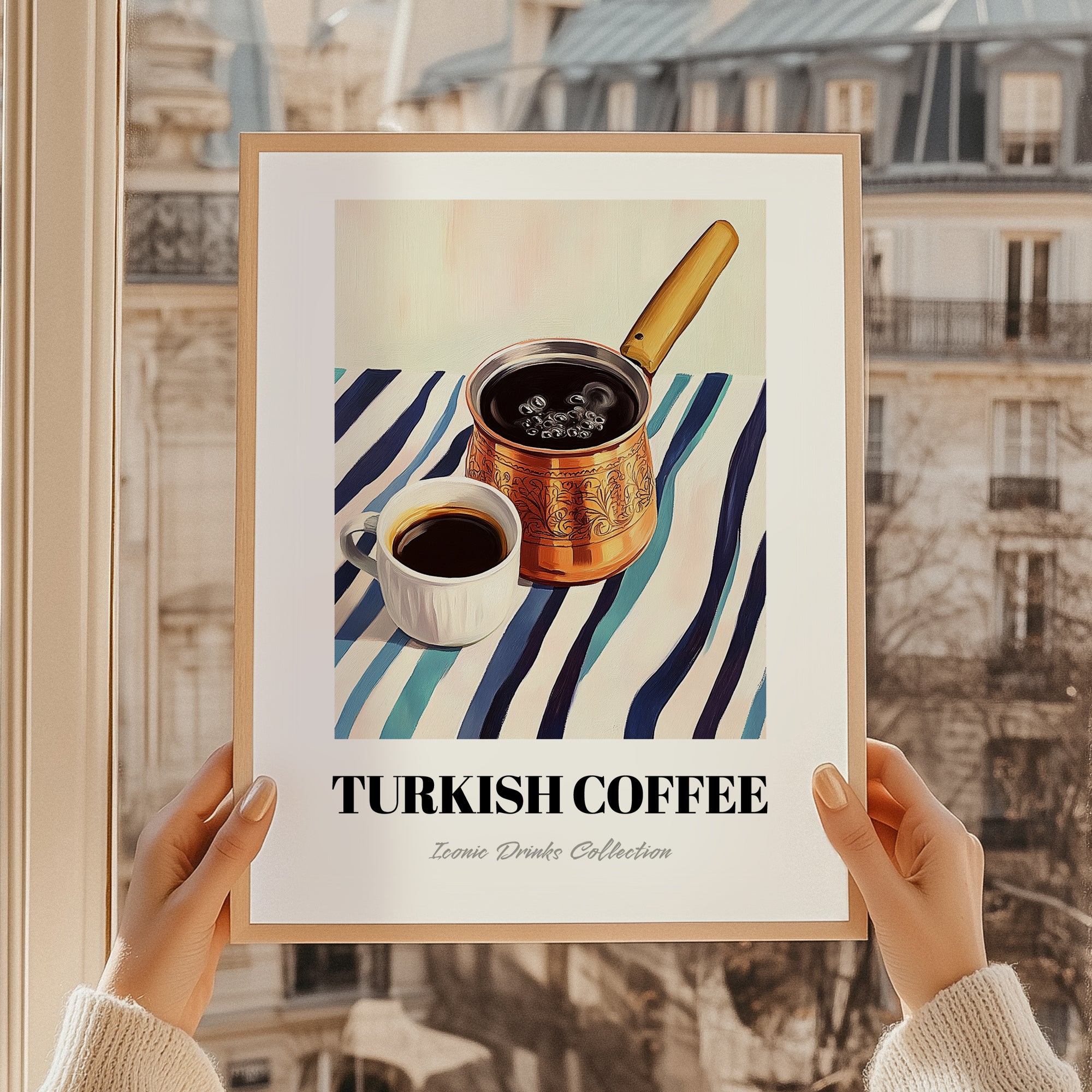 Turkish Coffee – on Striped Tablecloth, Türk Kahvesi Still Life, styled in a charming Paris street view