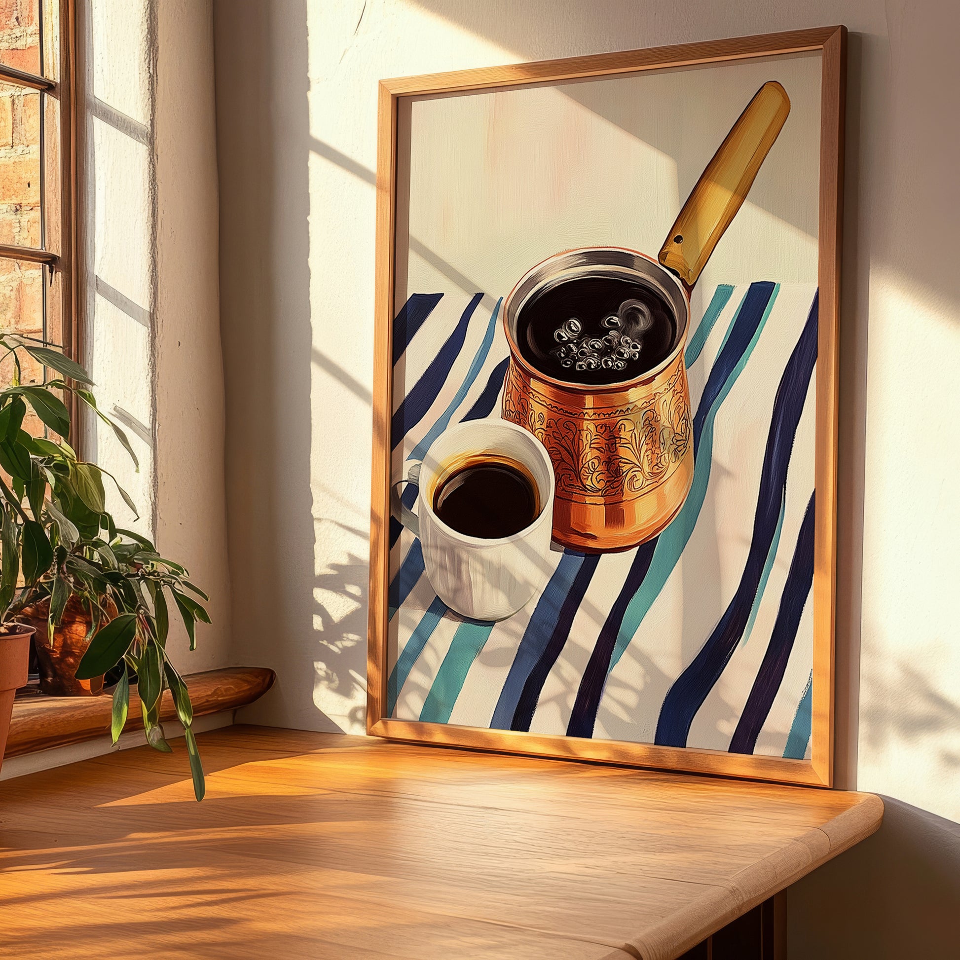 Turkish Coffee – on Striped Tablecloth, Türk Kahvesi Still Life, clean layout with no caption