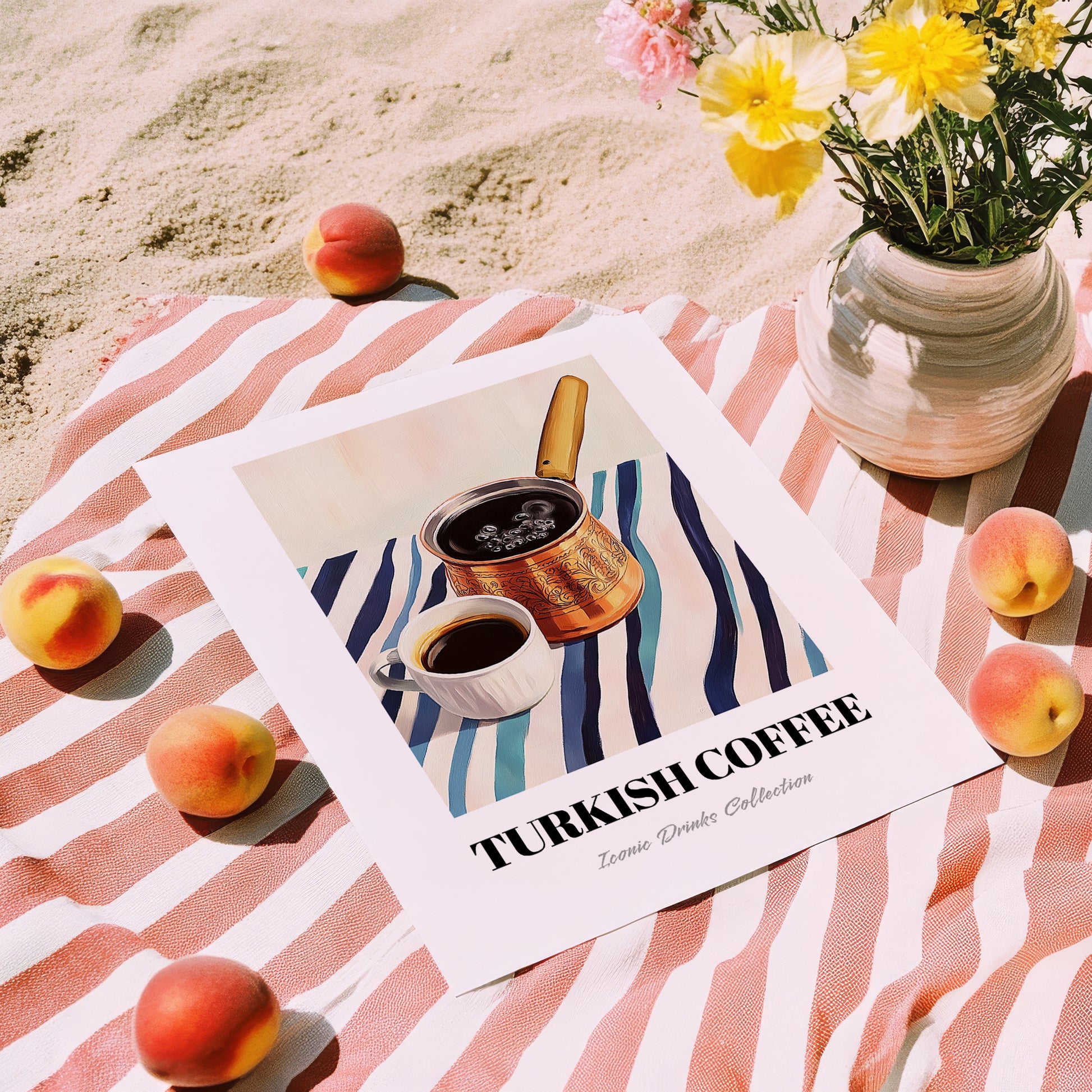 Turkish Coffee – on Striped Tablecloth, Türk Kahvesi Still Life, unframed on coastal sand