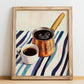 Turkish Coffee – on Striped Tablecloth, Türk Kahvesi Still Life, no-text version framed in wood