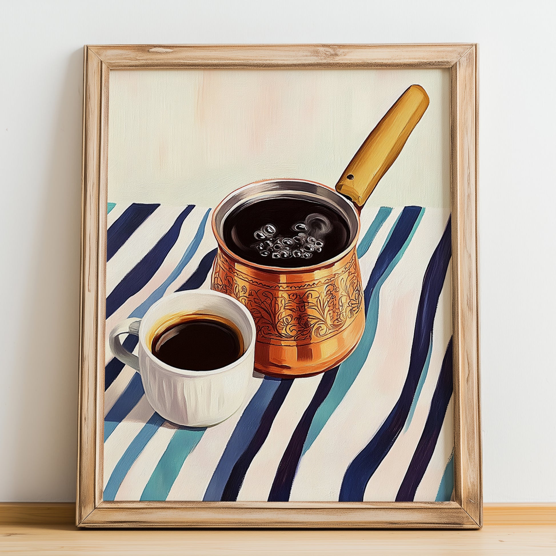 Turkish Coffee – on Striped Tablecloth, Türk Kahvesi Still Life, no-text version framed in wood