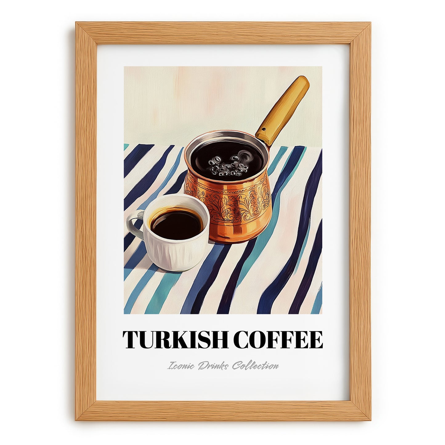 Turkish Coffee – on Striped Tablecloth, Türk Kahvesi Still Life, set in oak frame