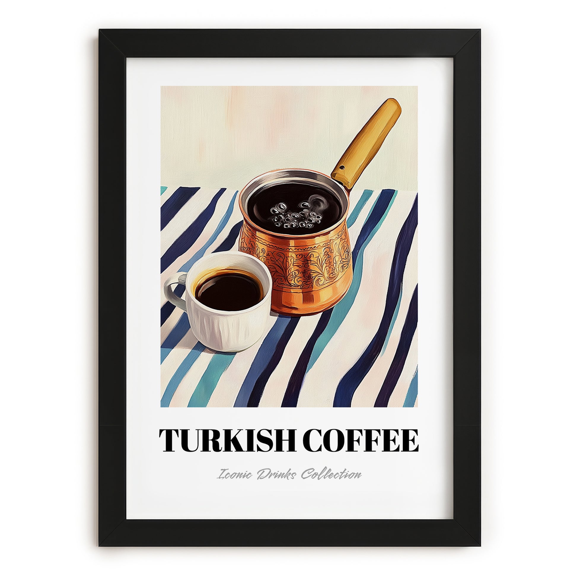 Turkish Coffee – on Striped Tablecloth, Türk Kahvesi Still Life, in sleek black frame