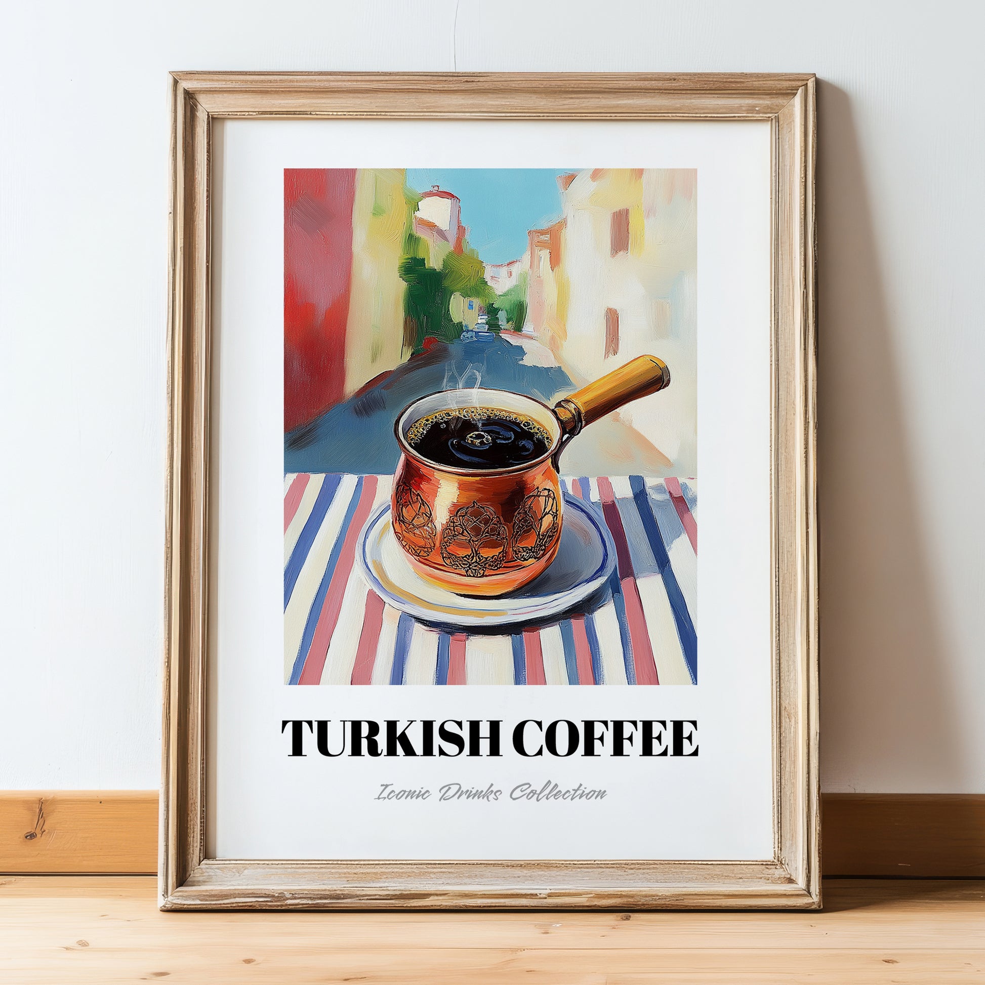 Turkish Coffee – Türk Café on the Corner, Türk Kahvesi Wall Painting, in wooden frame leaning on the floor