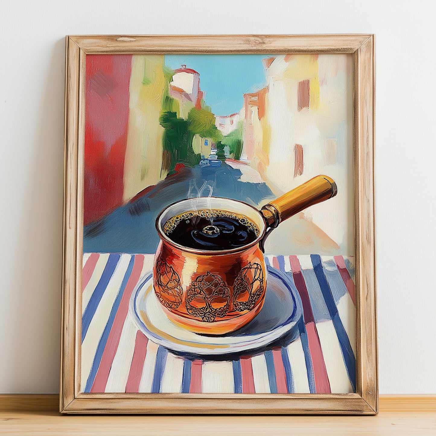 Turkish Coffee – Türk Café on the Corner, Türk Kahvesi Wall Painting, no-text version framed in wood